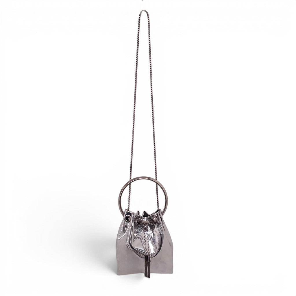 JIMMY CHOO SILVER METALLIC BON-BON BUCKET BAG