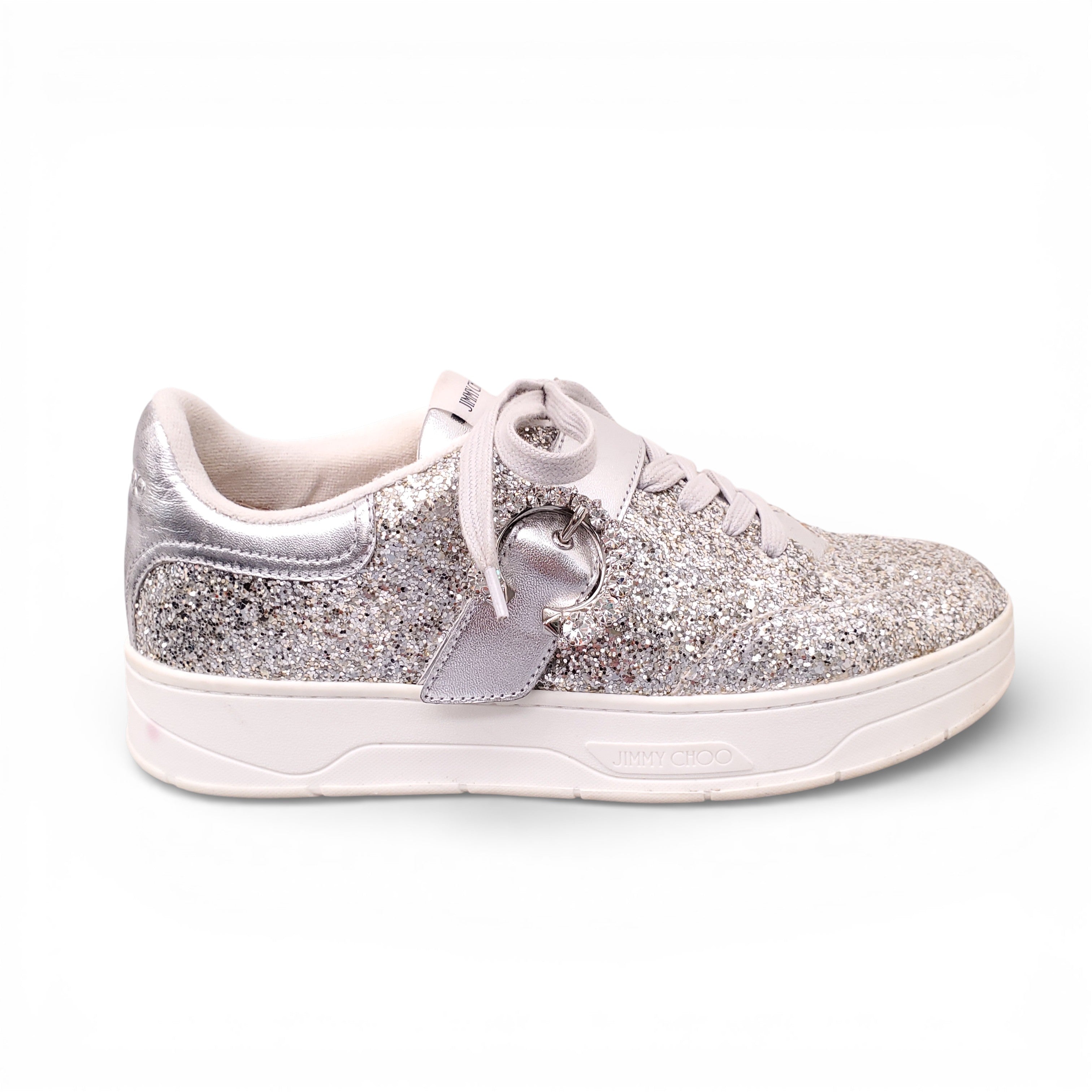 JIMMY CHOO SILVER SPARKLE OSAKA SNEAKERS - SIZE 39