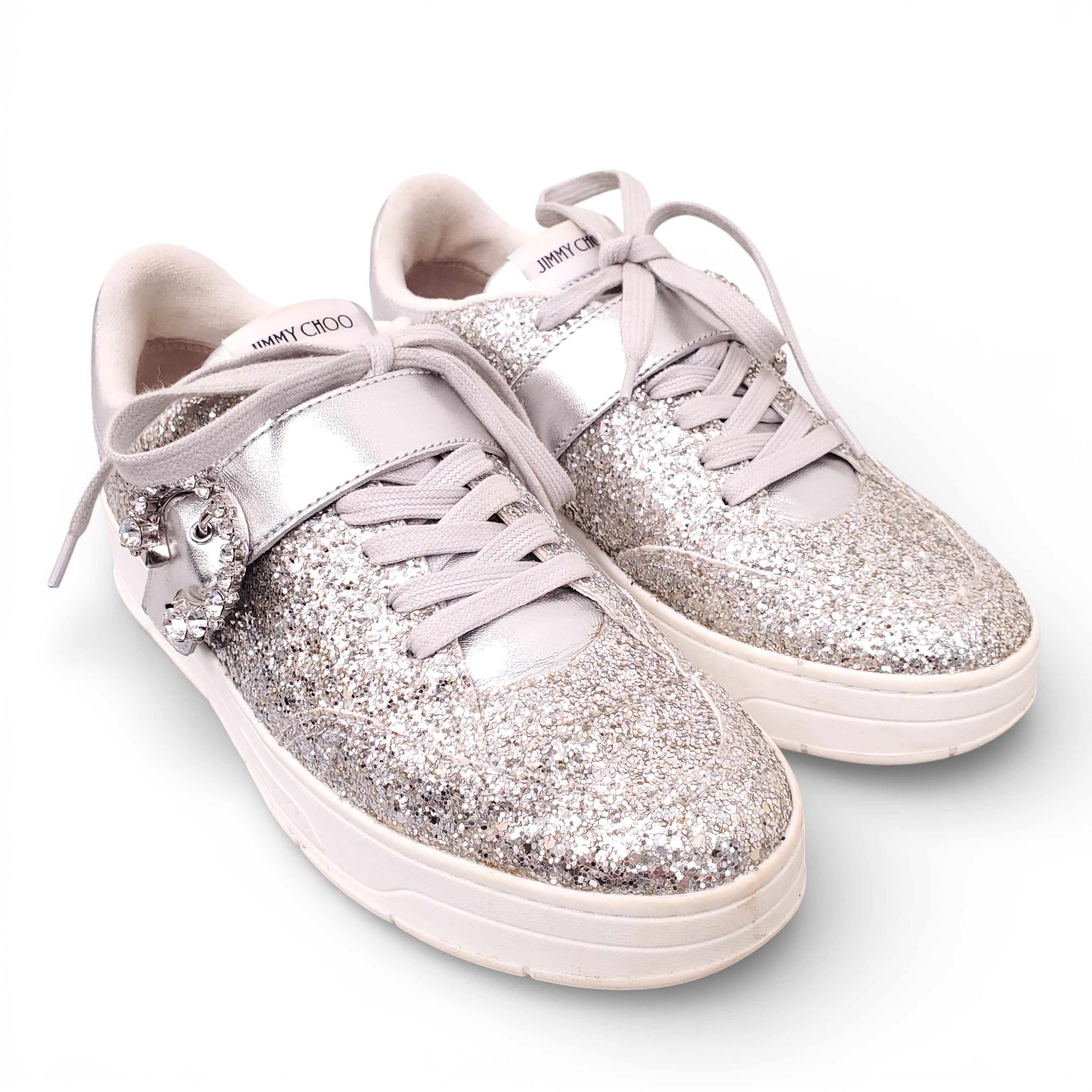 JIMMY CHOO SILVER SPARKLE OSAKA SNEAKERS - SIZE 39