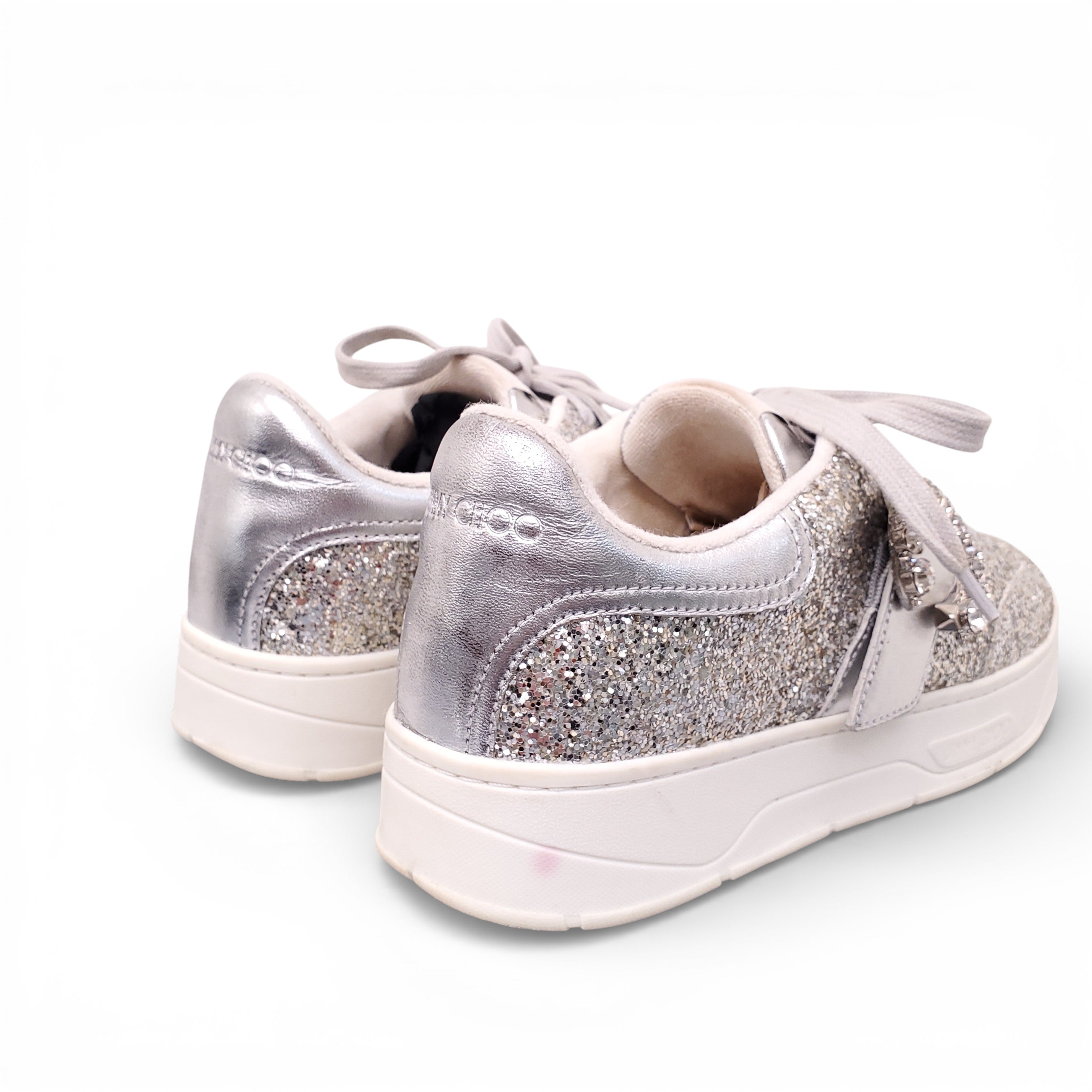 JIMMY CHOO SILVER SPARKLE OSAKA SNEAKERS - SIZE 39
