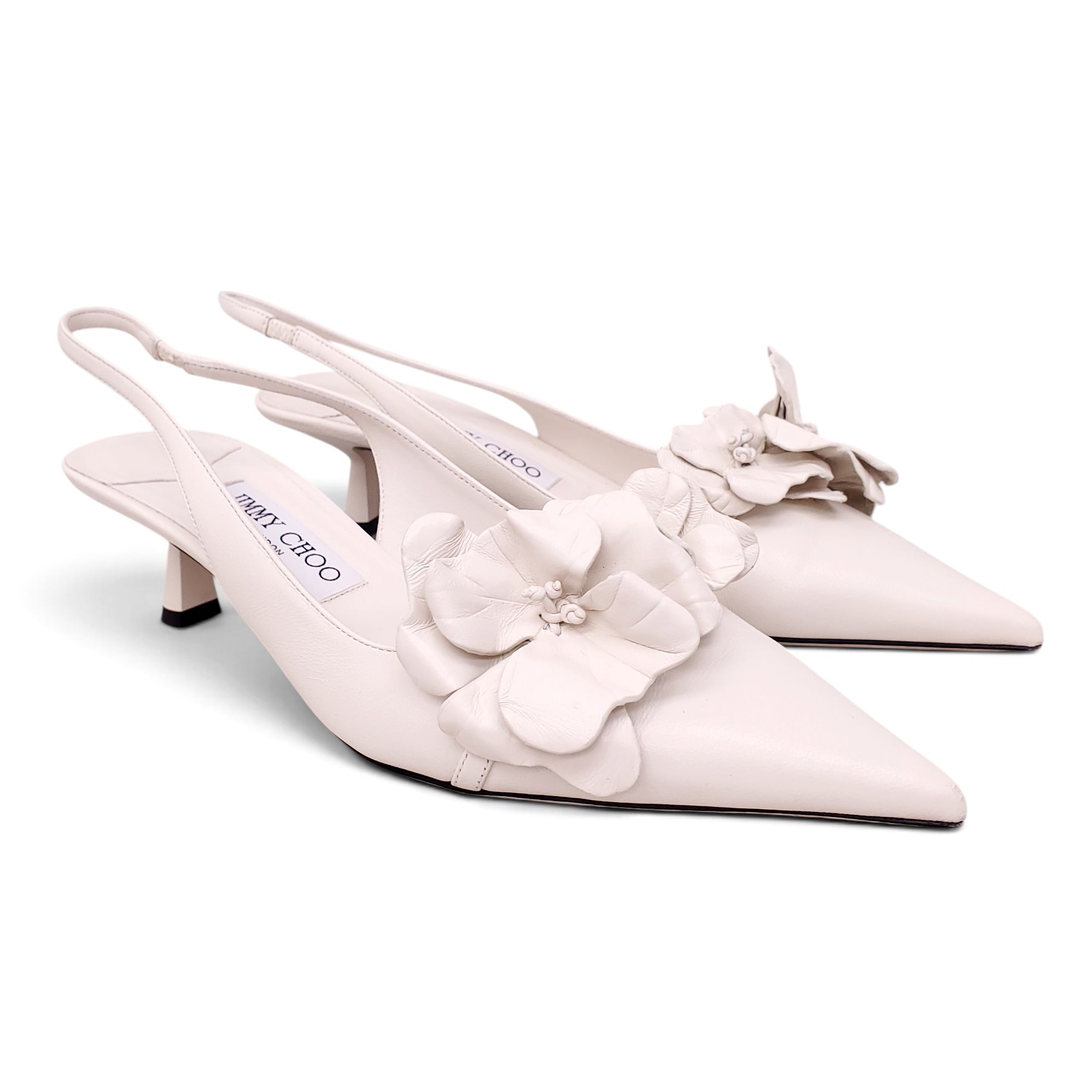 JIMMY CHOO WHITE HEELS WITH FLORAL ROSETTE DETAIL - SIZE 38