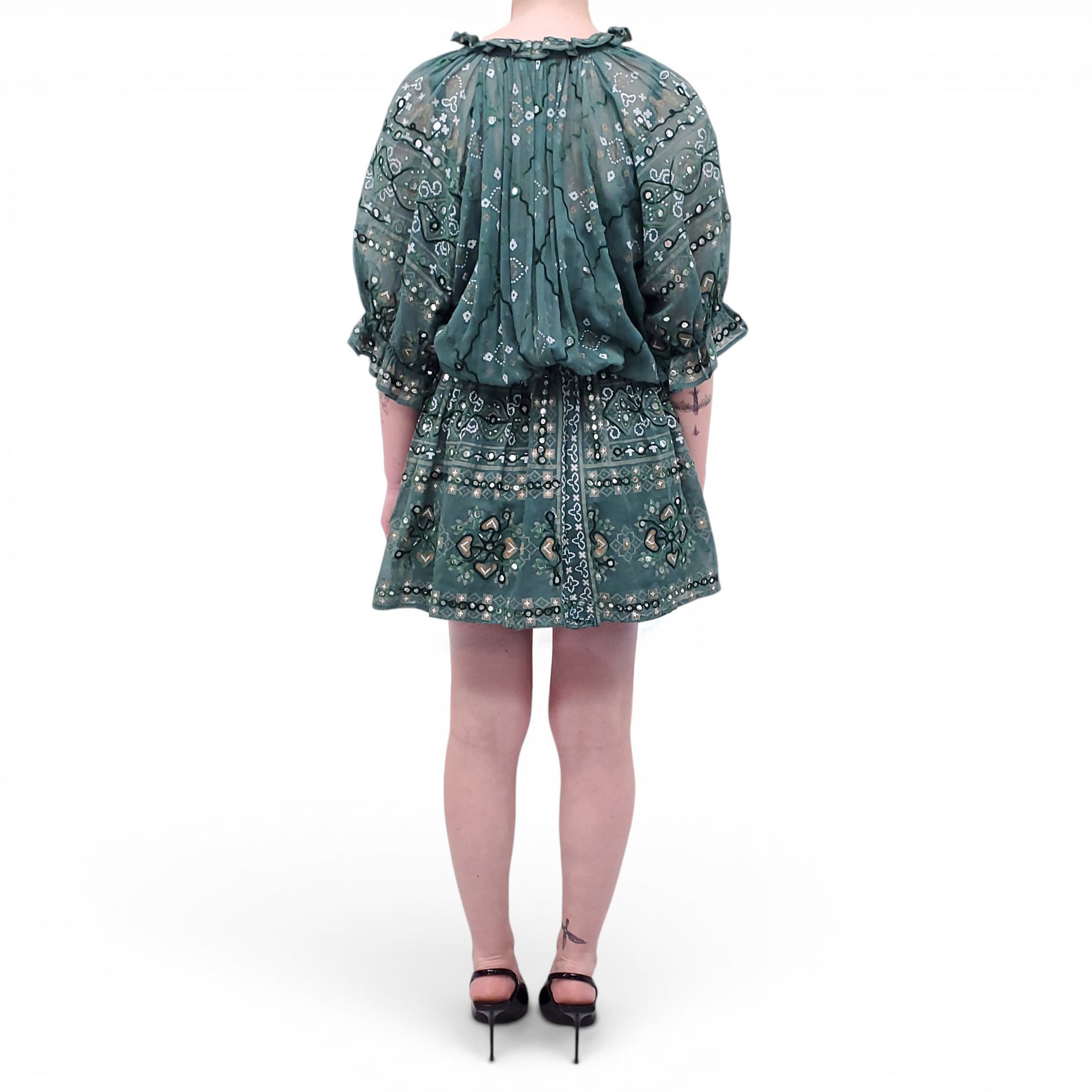 JULIET DUNN GREEN PATTERNED MIRROR-EMBELLISHED DRESS - SIZE 3 (M/L)