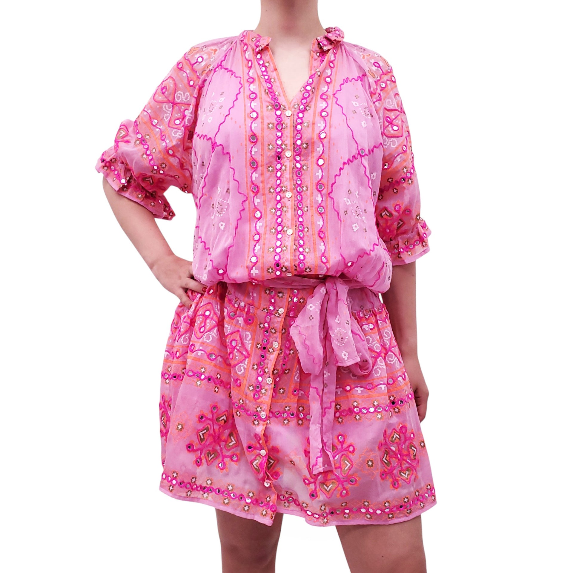 JULIET DUNN PINK PATTERNED MIRROR-EMBELLISHED DRESS - SIZE 3 (M/L)