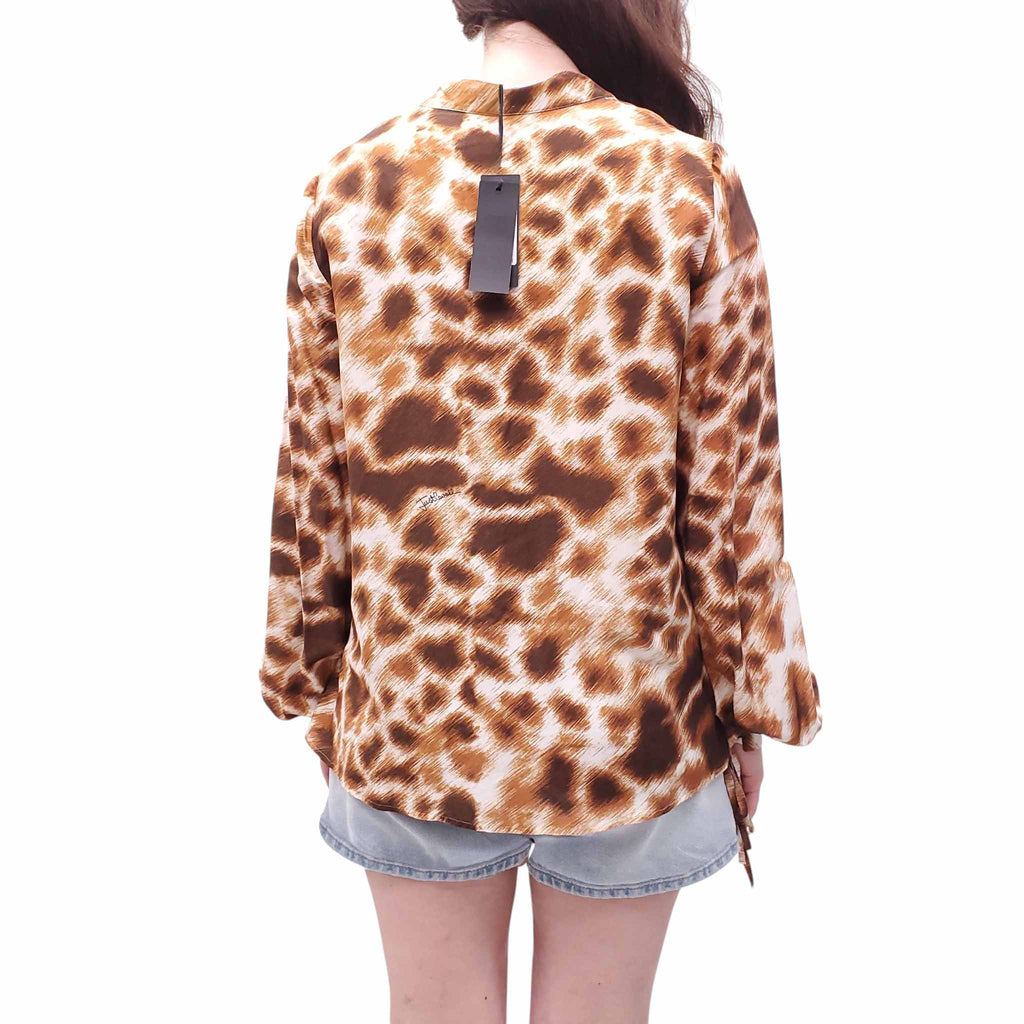 JUST CAVALLI BROWN LEOPARD PRINT BLOUSE WITH TIE DETAIL - SIZE 40