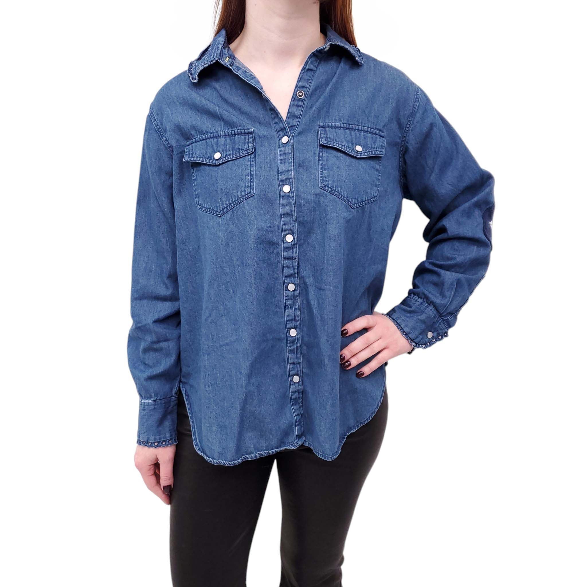 KERRI ROSENTHAL DENIM TOP WITH HAPPY FACE PATCHES - SIZE L