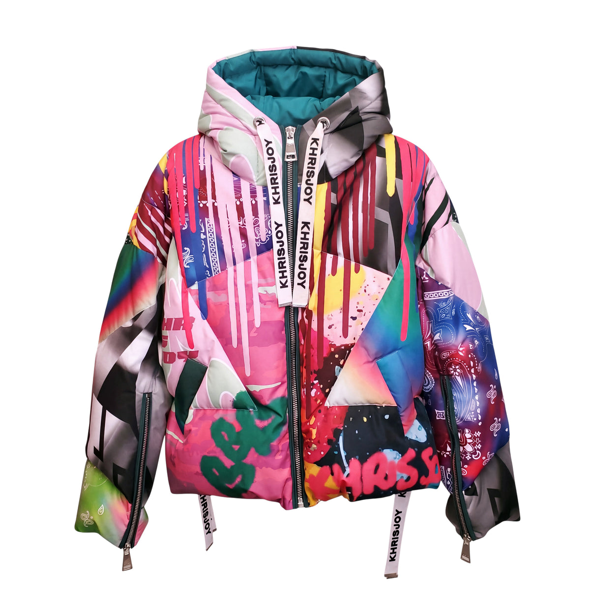KHRISJOY GRAFFITI MULTICOLOURED PATCH PUFFER JACKET - SIZE 01 (OVERSIZED)