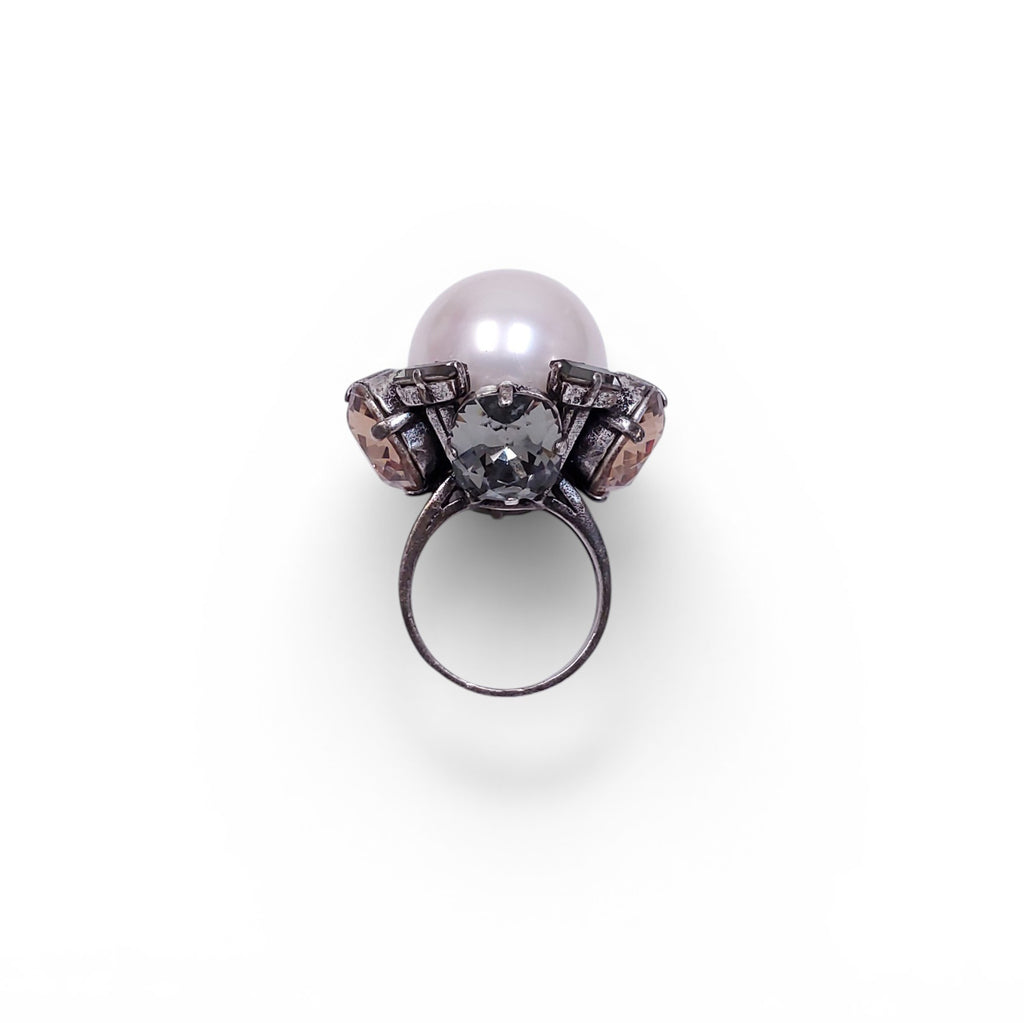 LANVIN LARGE PEARL AND CRYSTAL RING - SIZE 7