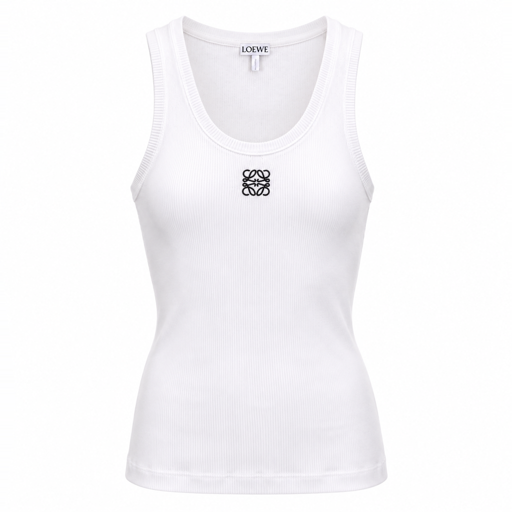 LOEWE ANAGRAM WHITE LOGO RIBBED TANK TOP - SIZE XS
