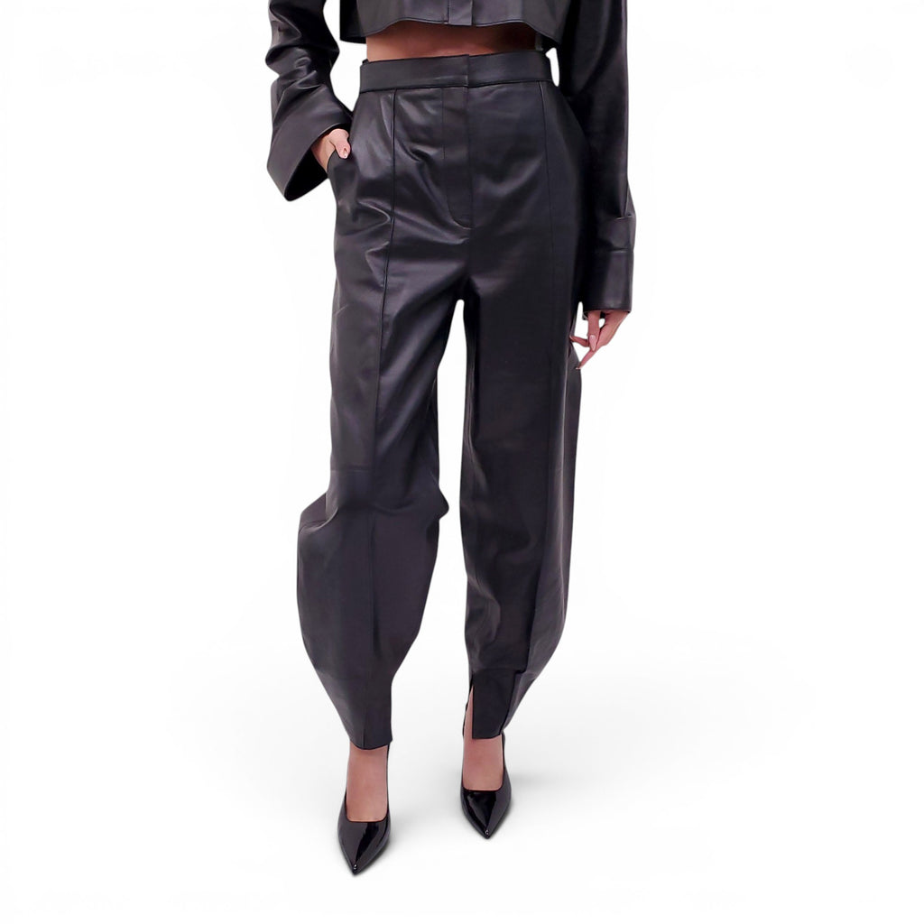 LOEWE BLACK LEATHER BALLOON TROUSERS WITH ANAGRAM LOGO - SIZE 38