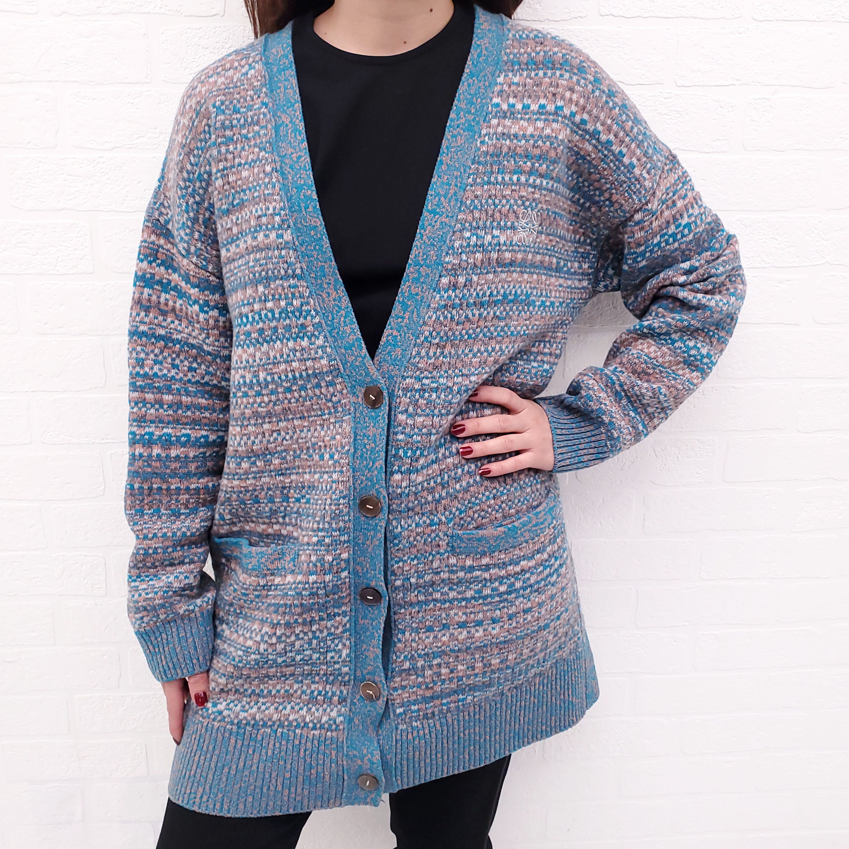 LOEWE BLUE AND PINK JACQUARD OVERSIZED LOGO CARDIGAN - SIZE XS