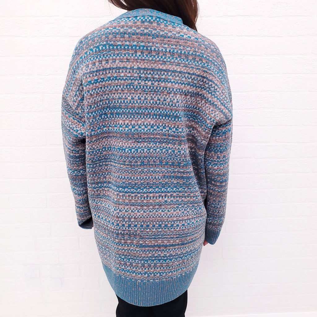 LOEWE BLUE AND PINK JACQUARD OVERSIZED LOGO CARDIGAN - SIZE XS