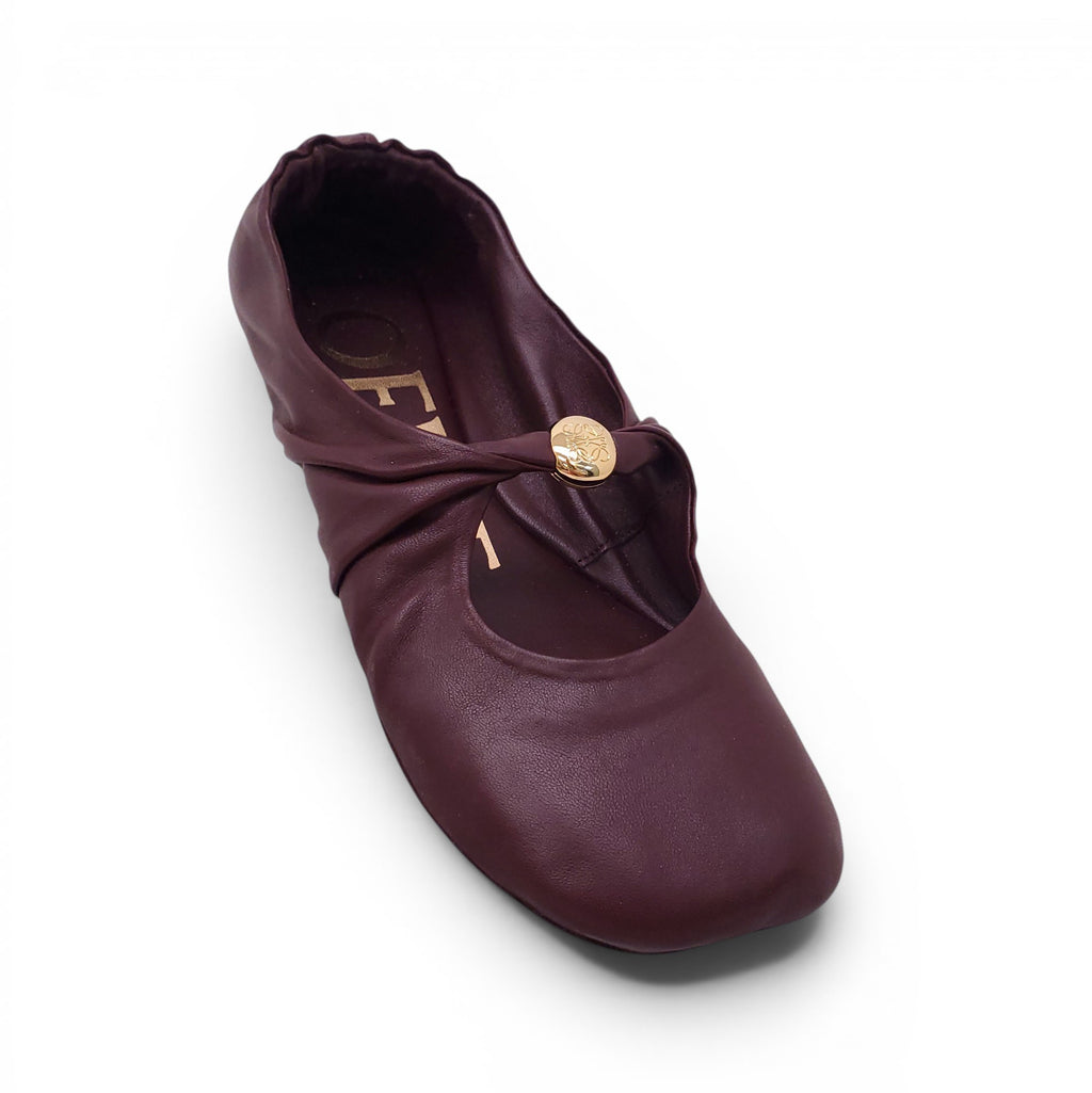LOEWE MAROON LEATHER FLATS WITH GOLD ANAGRAM LOGO - SIZE 36