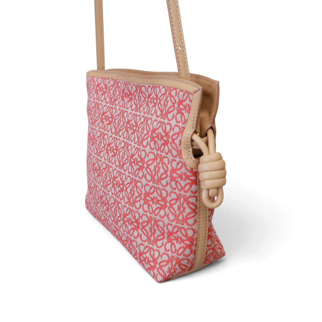 LOEWE MINI FLAMENCO IN RED JACQUARD/WARM DESSERT LEATHER WITH STRAP