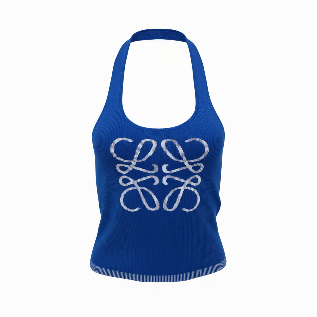 LOEWE PAUL IBIZIA ROYAL BLUE KNIT LOGO HALTER TOP - SIZE M