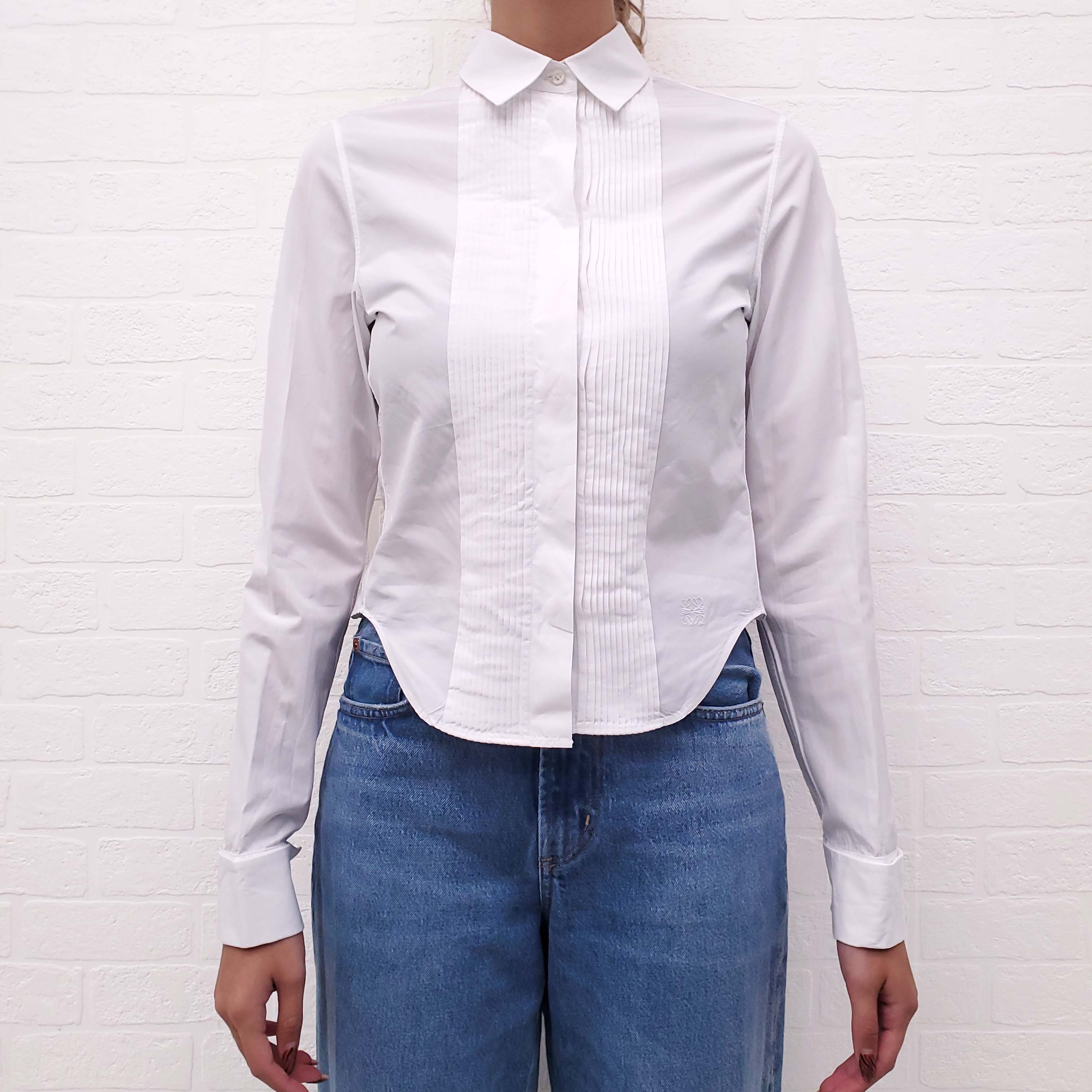 LOEWE WHITE PLEATED COTTON BLOUSE WITH LOGO - SIZE 32