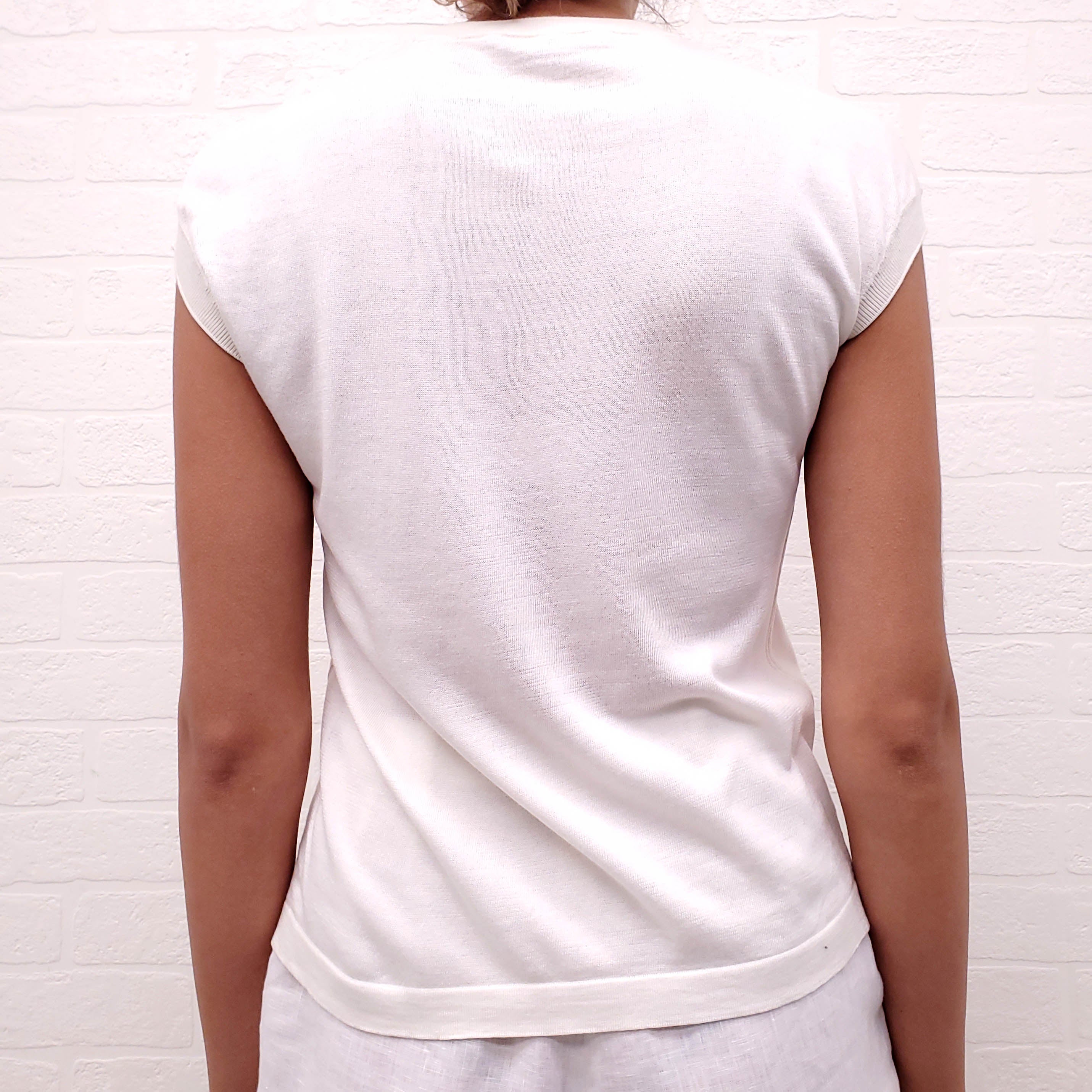 LORO PIANA SHORT SLEEVE CREAM SWEATER WITH LOGO - SIZE 38