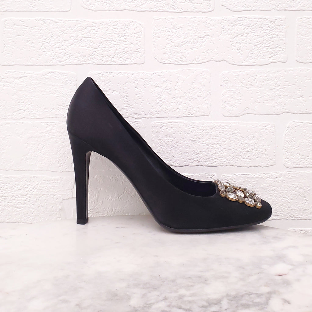 LOUIS VUITTON BLACK SATIN HEELS WITH CRYSTAL BUCKLE - SIZE 40