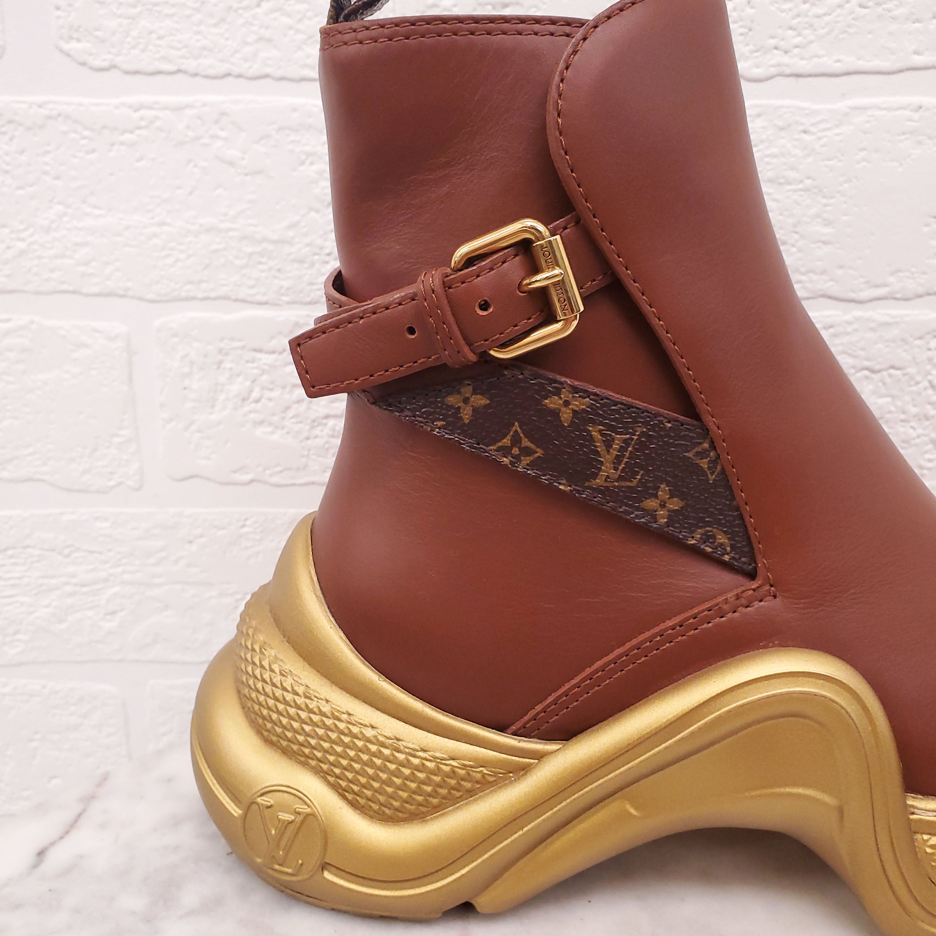 LOUIS VUITTON BROWN AND GOLD 'ARCHLIGHT' ANKLE BOOTS - SIZE 36