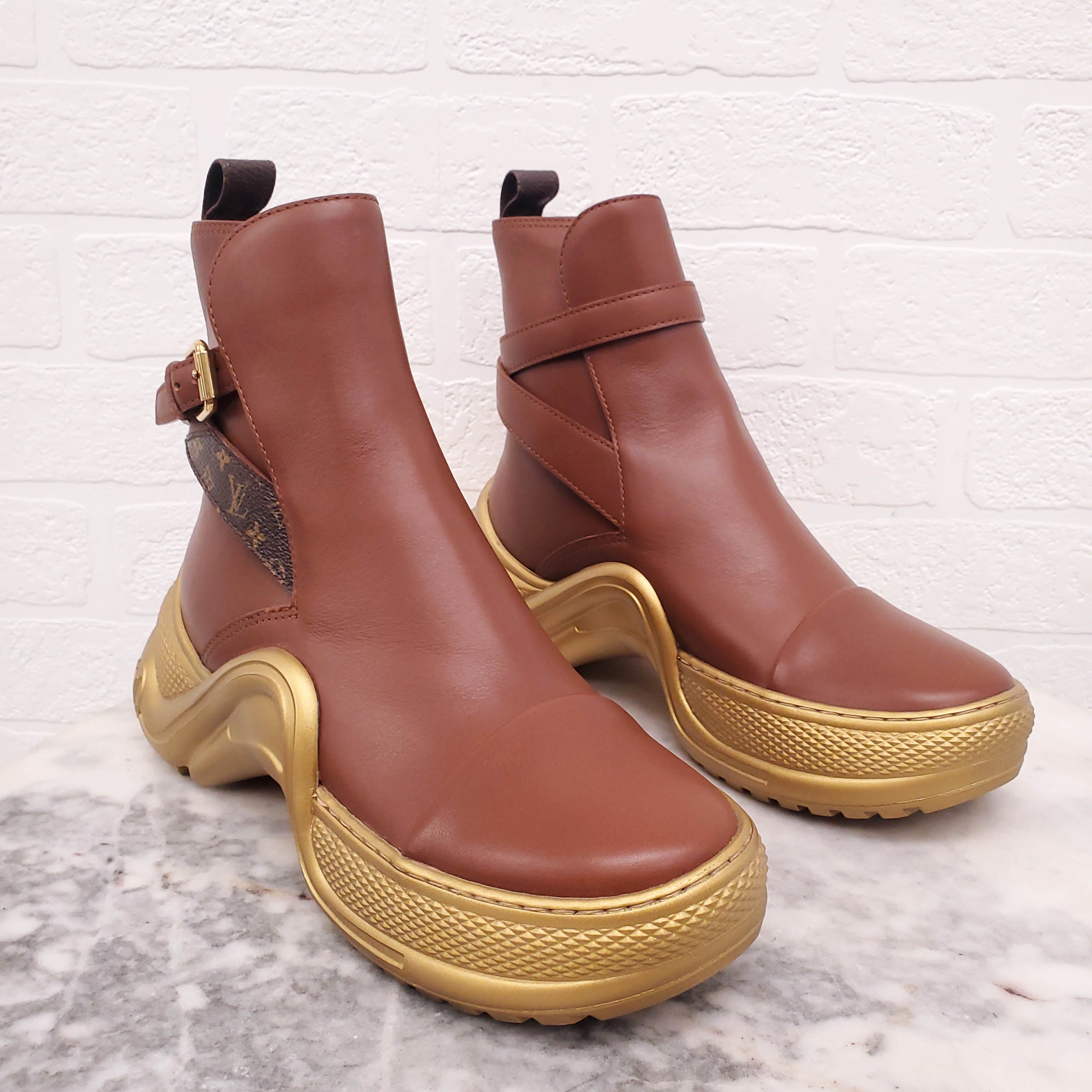 LOUIS VUITTON BROWN AND GOLD 'ARCHLIGHT' ANKLE BOOTS - SIZE 36