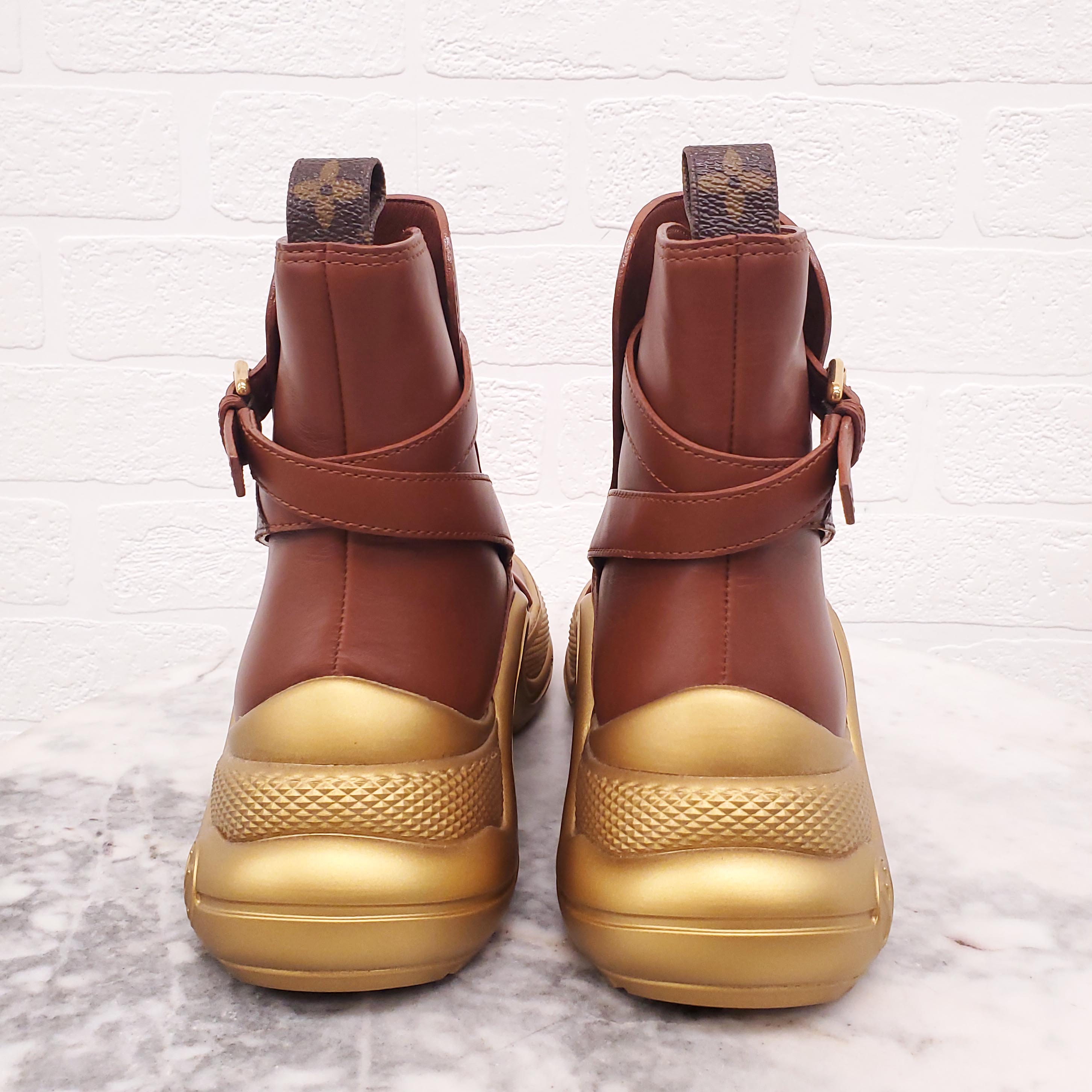 LOUIS VUITTON BROWN AND GOLD 'ARCHLIGHT' ANKLE BOOTS - SIZE 36