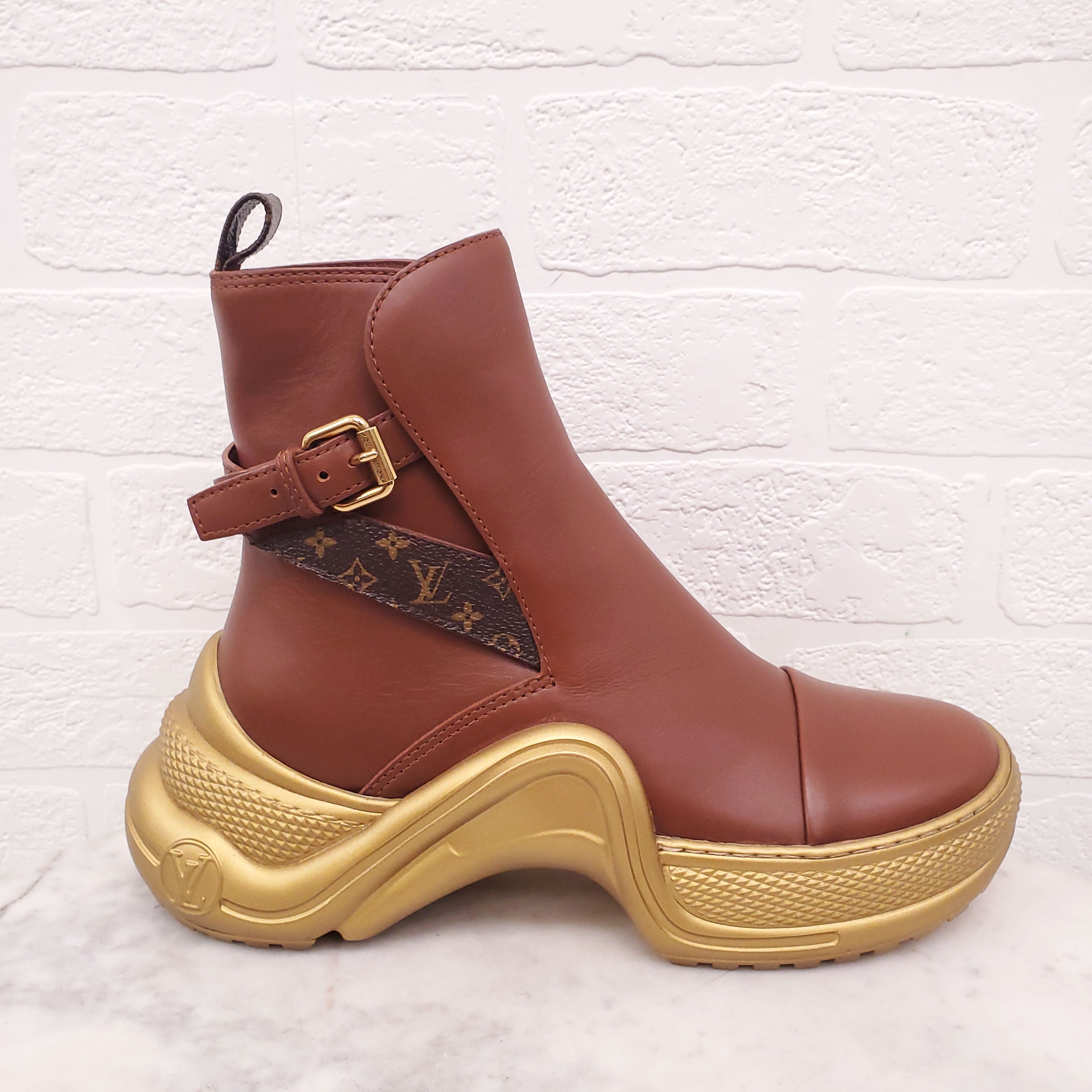 LOUIS VUITTON BROWN AND GOLD 'ARCHLIGHT' ANKLE BOOTS - SIZE 36
