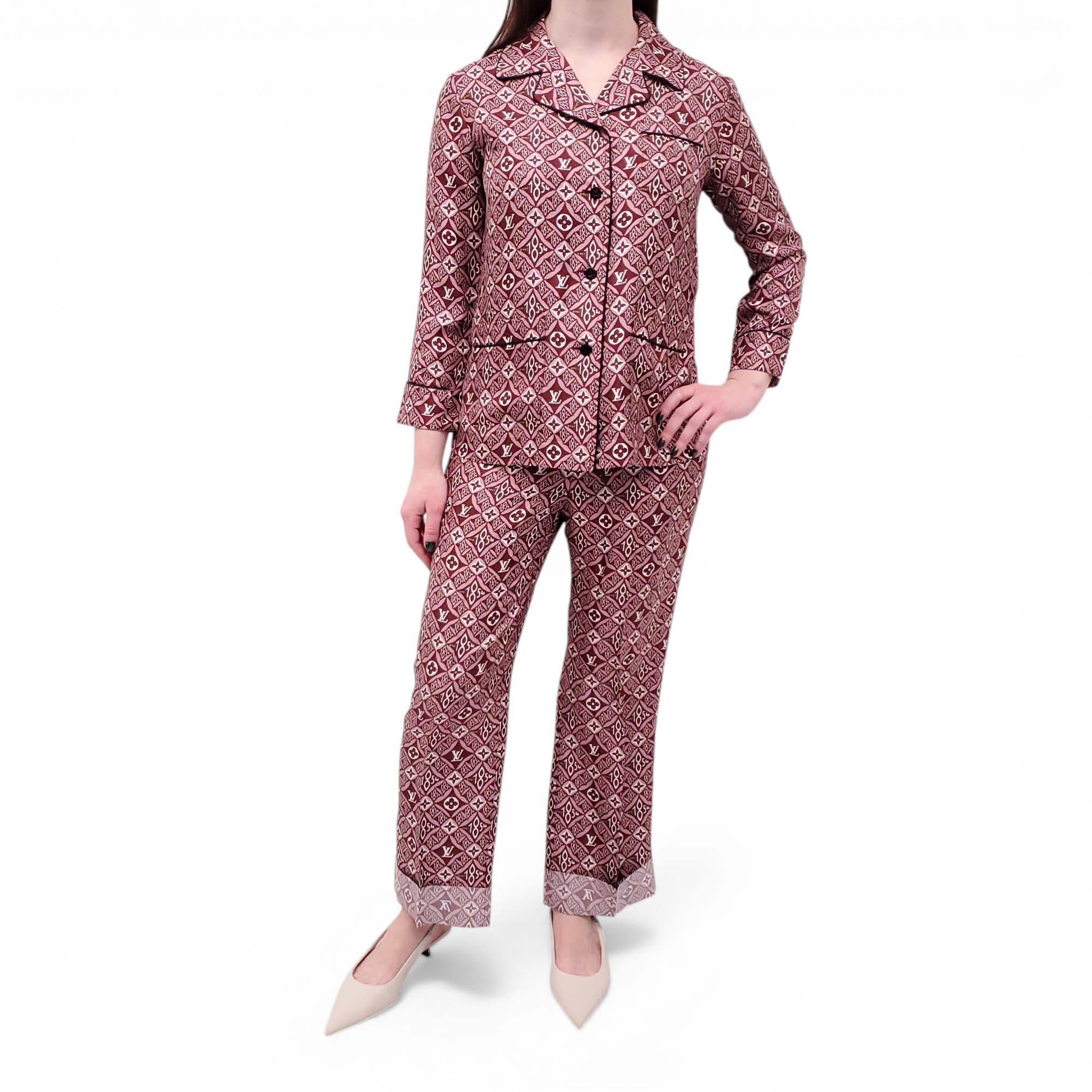 LOUIS VUITTON BURGUNDY LOGO SILK PANTS SET - SIZE 36