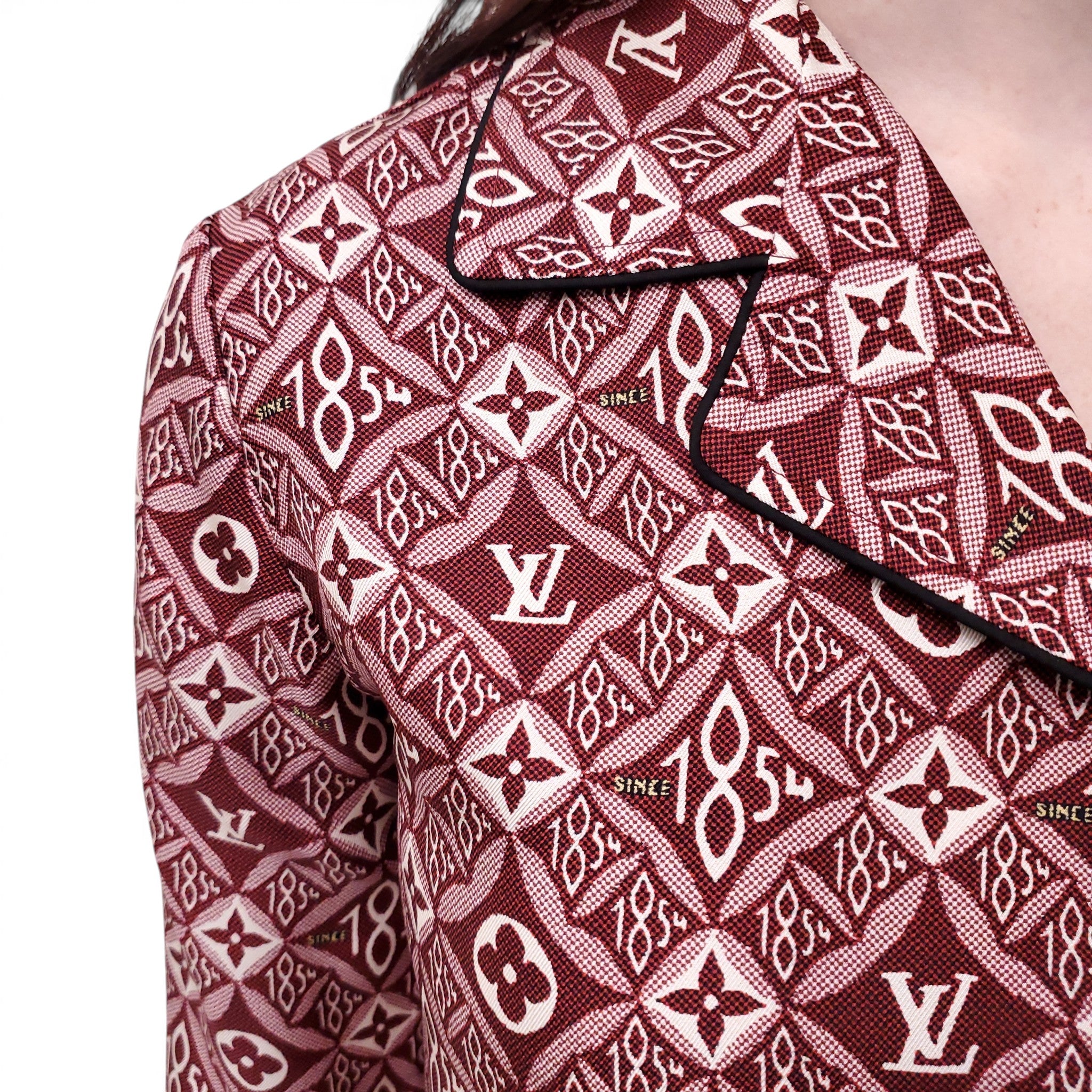 LOUIS VUITTON BURGUNDY LOGO SILK PANTS SET - SIZE 36