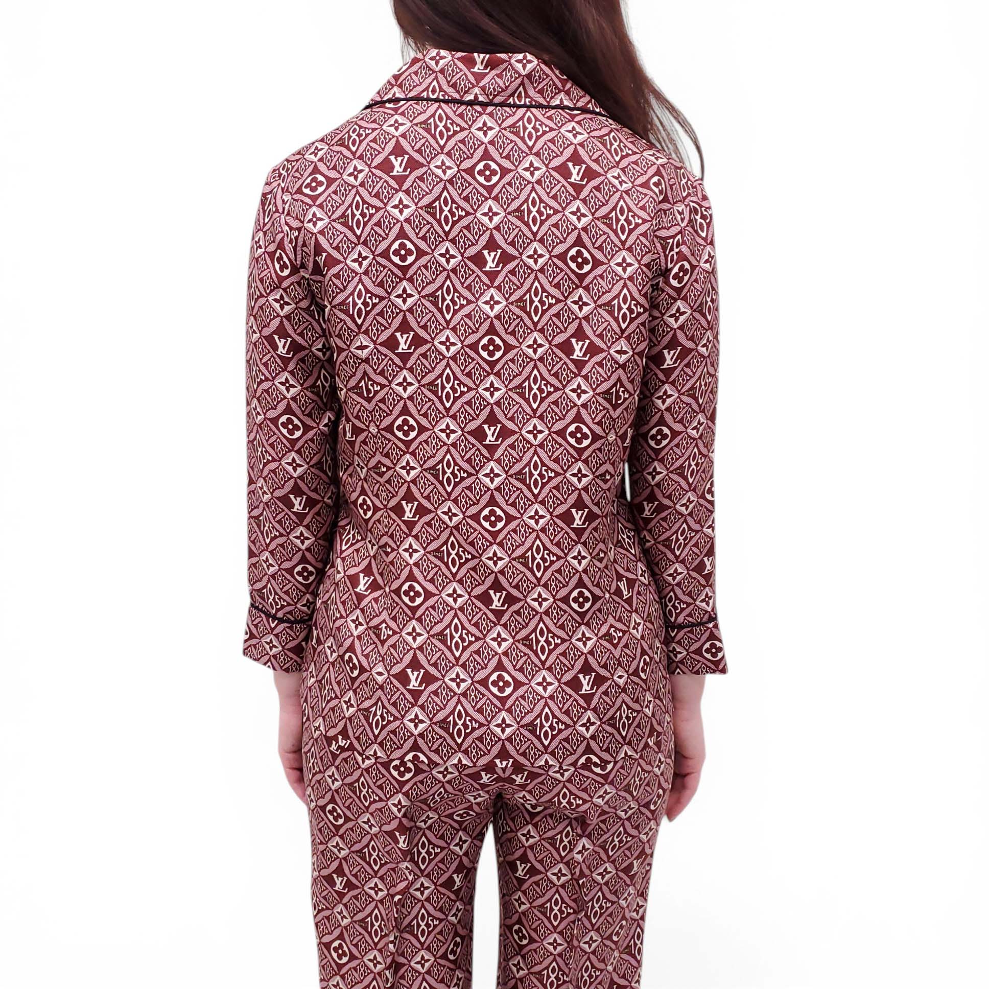 LOUIS VUITTON BURGUNDY LOGO SILK PANTS SET - SIZE 36