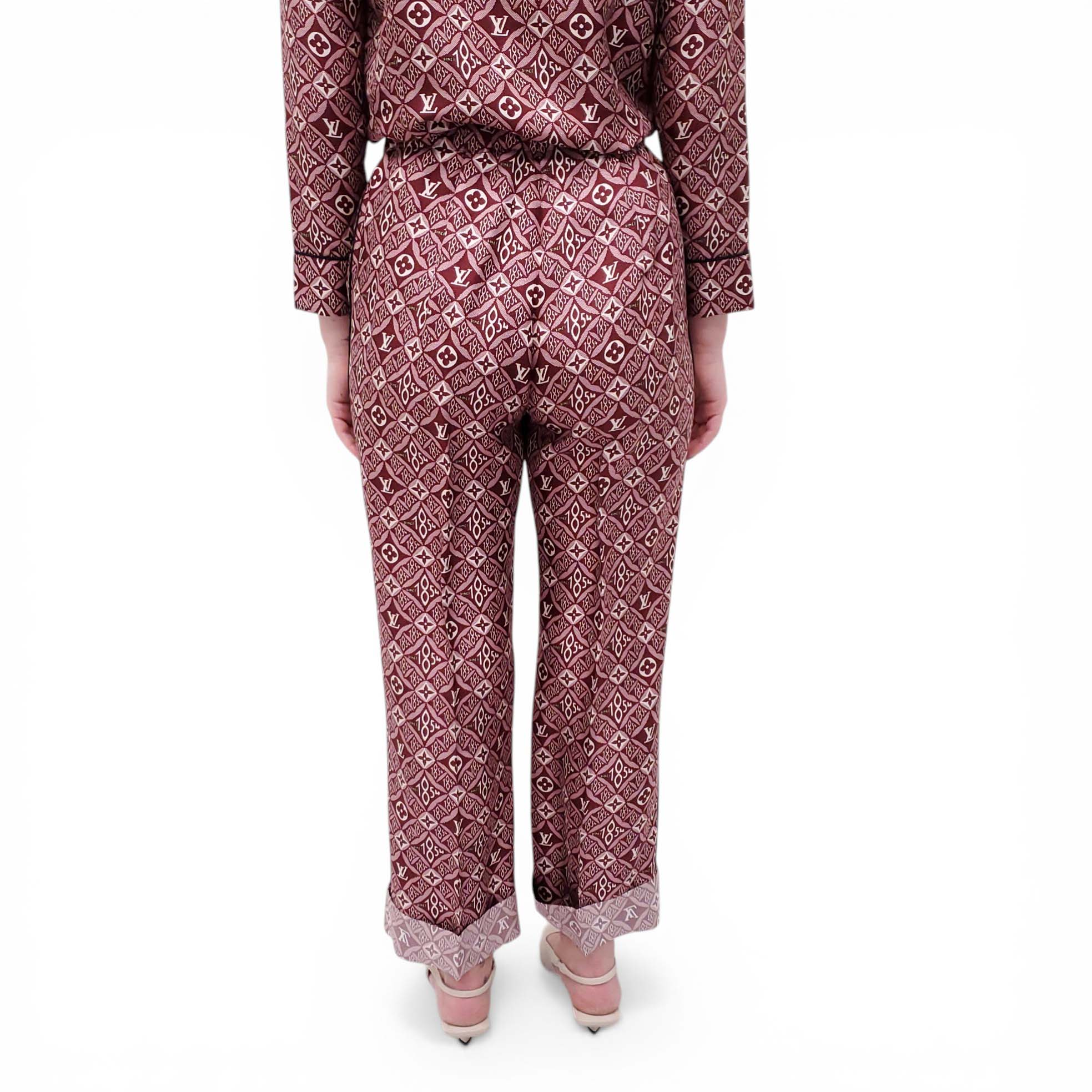 LOUIS VUITTON BURGUNDY LOGO SILK PANTS SET - SIZE 36