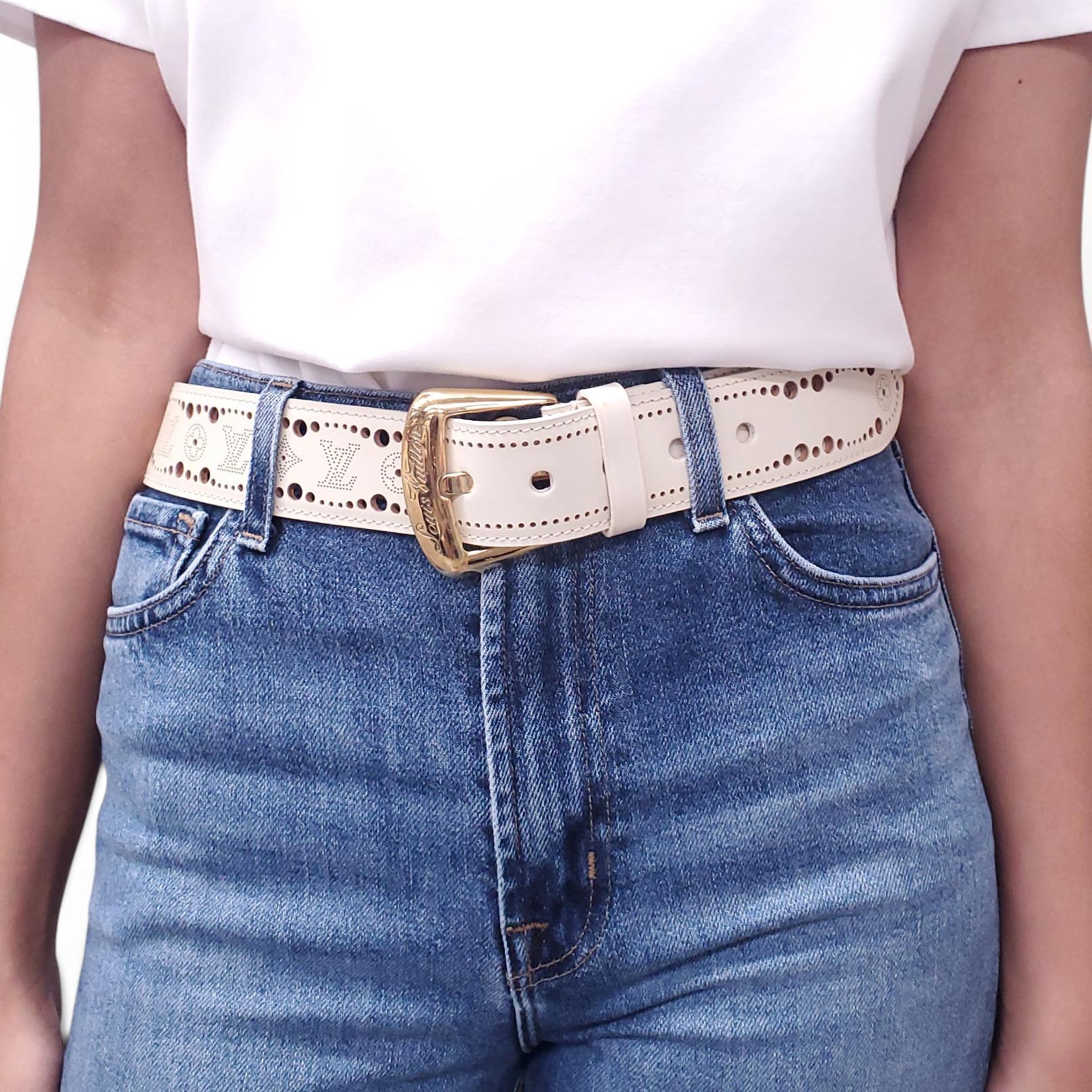 LOUIS VUITTON CREAM LOGO LAZER CUT BELT - SIZE 85