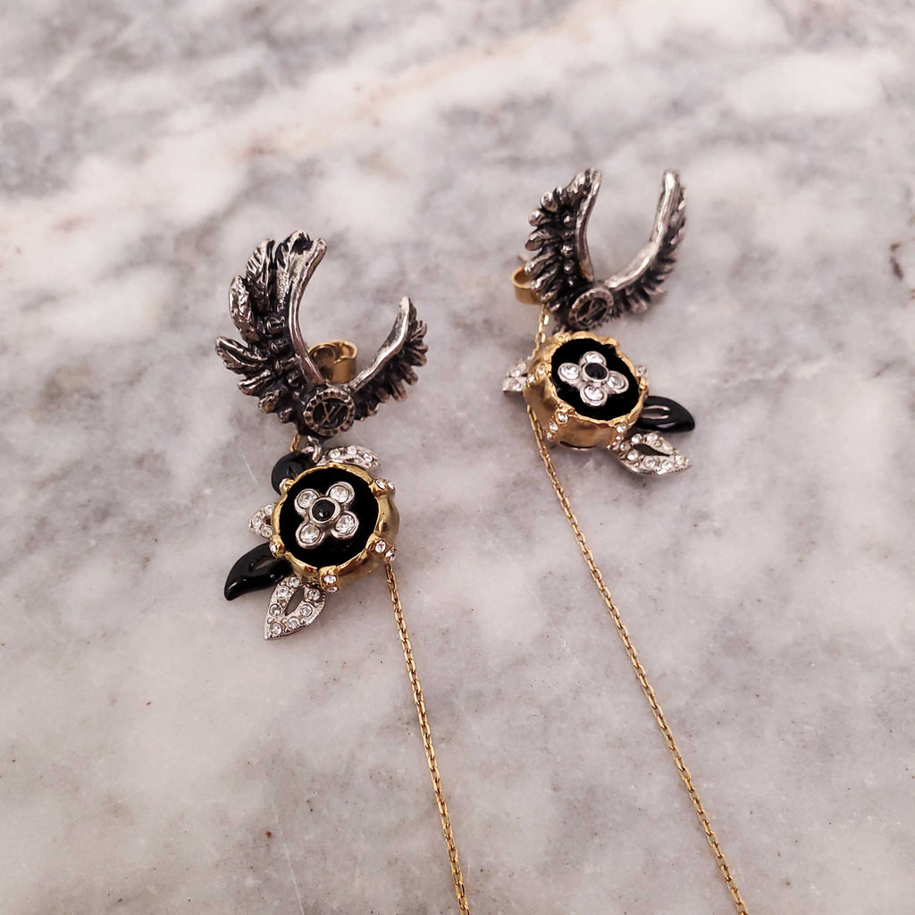 LOUIS VUITTON FAUX PEARL RHINESTONE DROP EAGLE EARRINGS