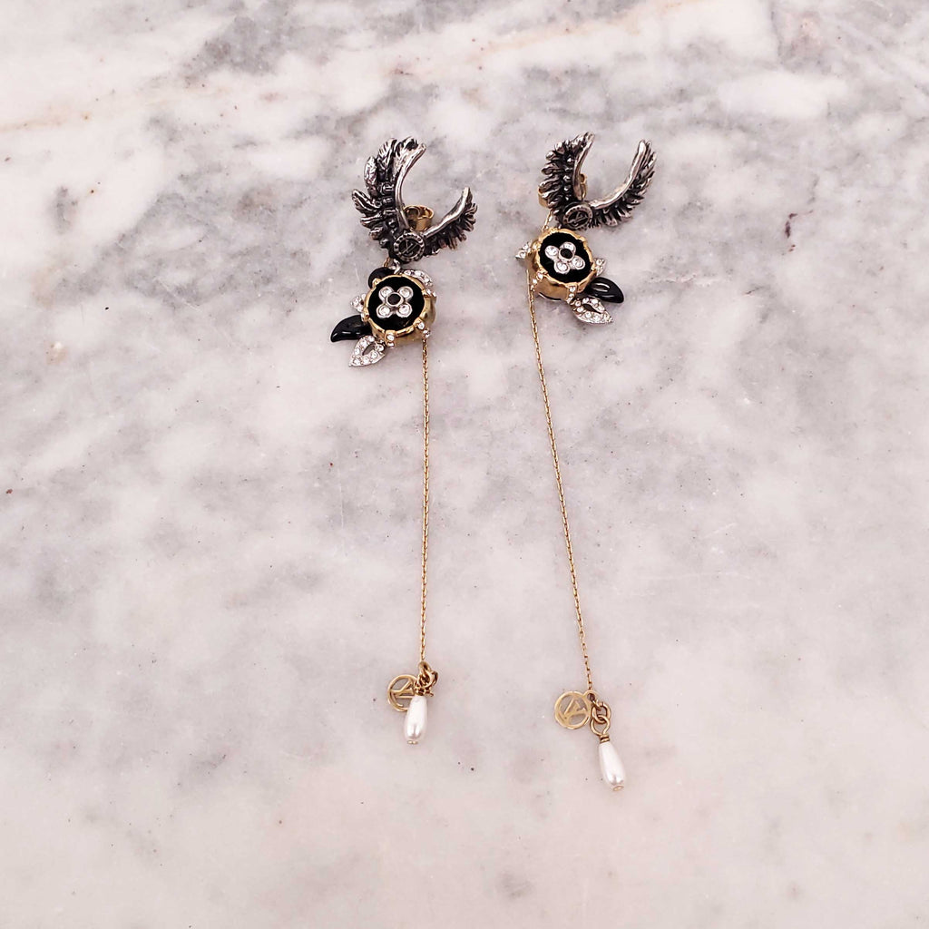 LOUIS VUITTON FAUX PEARL RHINESTONE DROP EAGLE EARRINGS