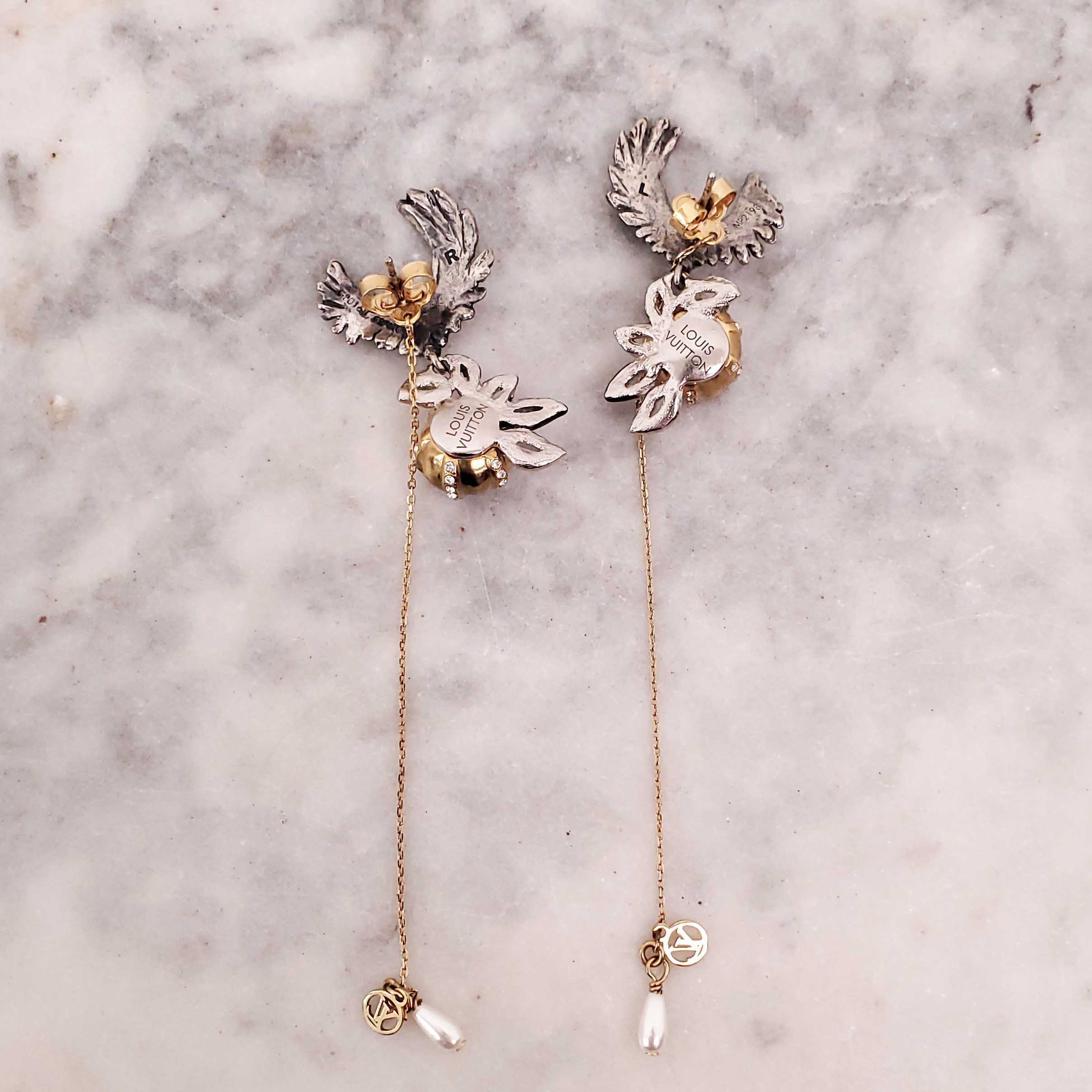 LOUIS VUITTON FAUX PEARL RHINESTONE DROP EAGLE EARRINGS