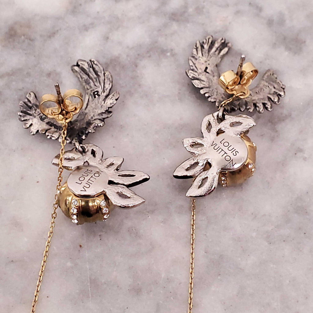 LOUIS VUITTON FAUX PEARL RHINESTONE DROP EAGLE EARRINGS