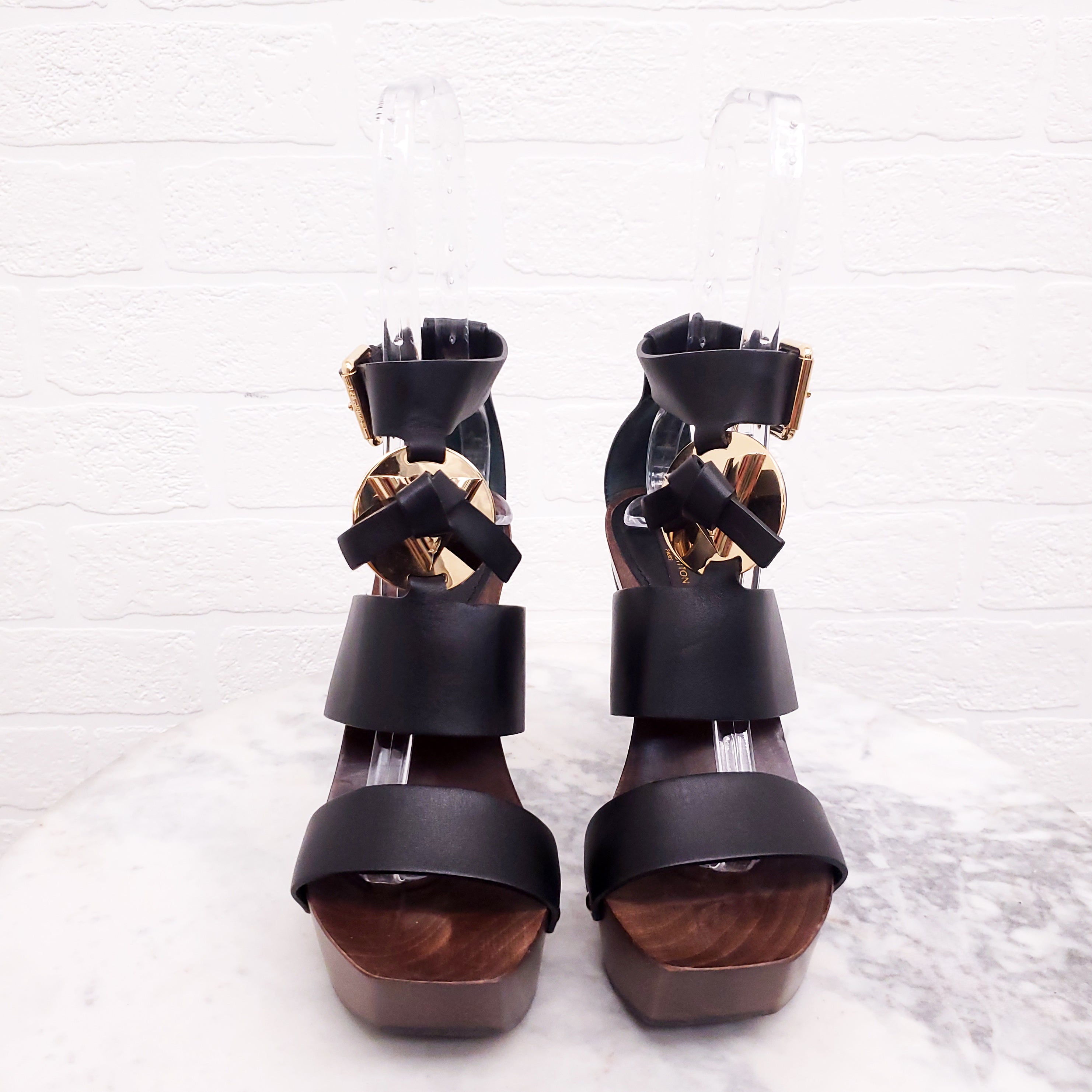 LOUIS VUITTON LEATHER WOODEN PLATFORM SANDALS - SIZE 37.5