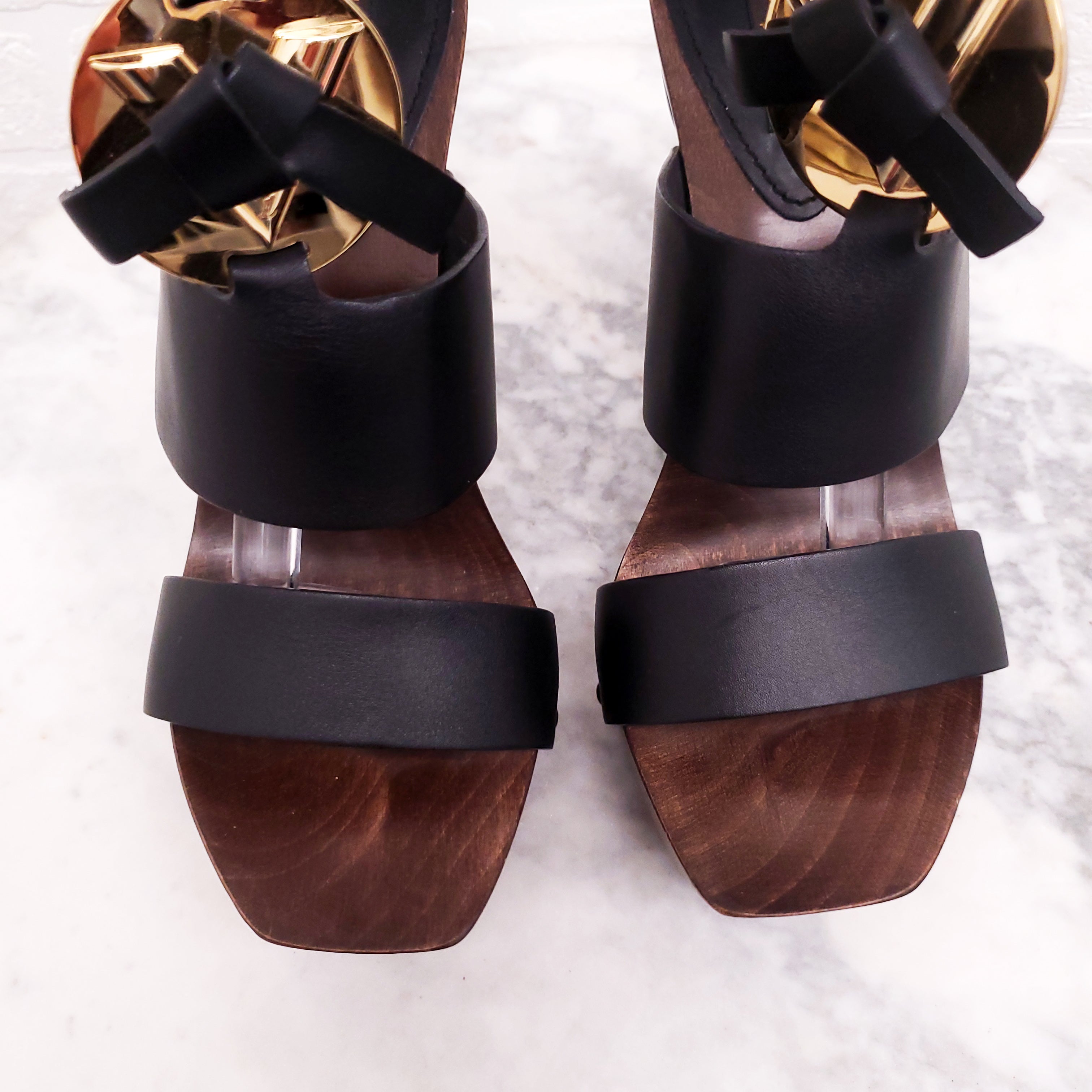 LOUIS VUITTON LEATHER WOODEN PLATFORM SANDALS - SIZE 37.5