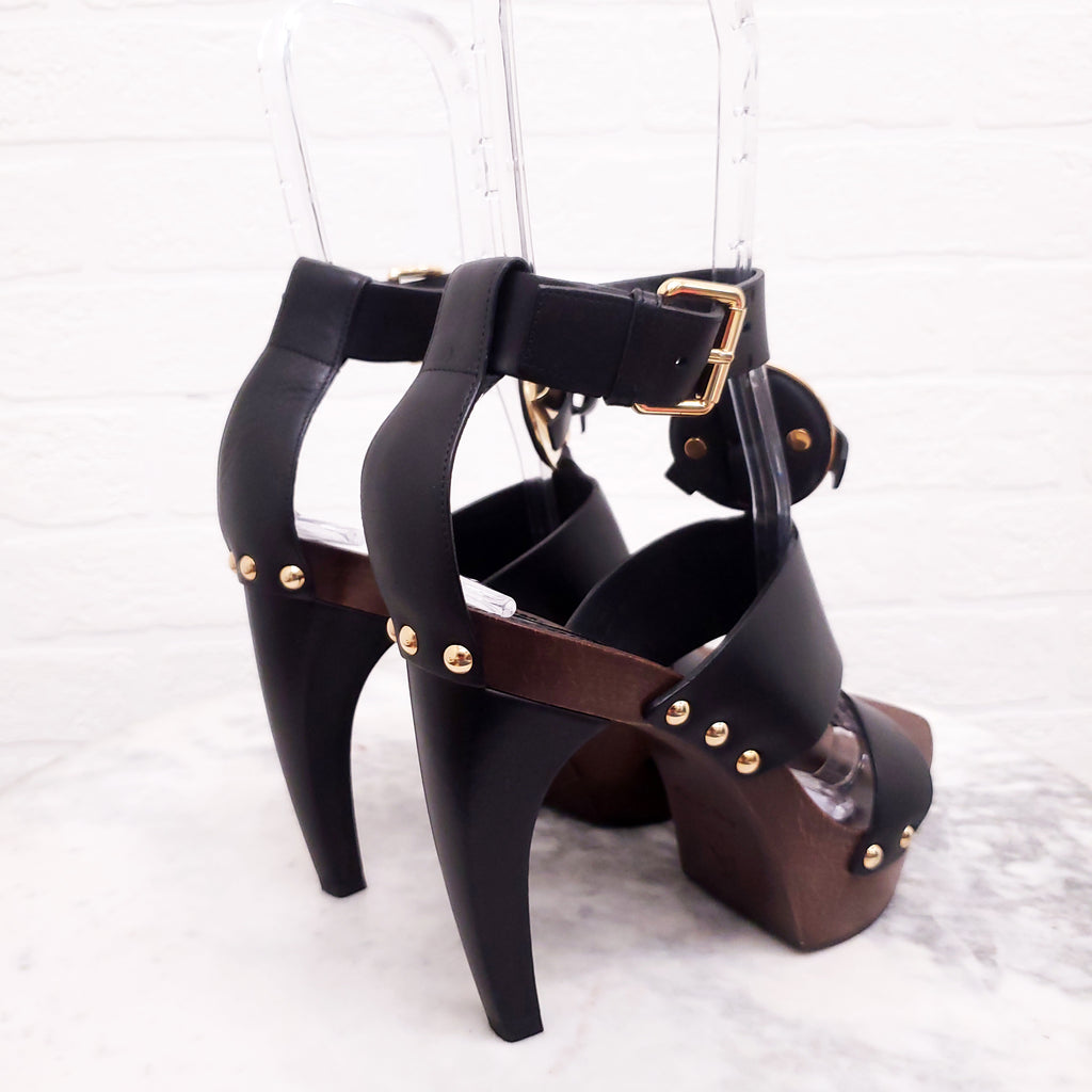 LOUIS VUITTON LEATHER WOODEN PLATFORM SANDALS - SIZE 37.5