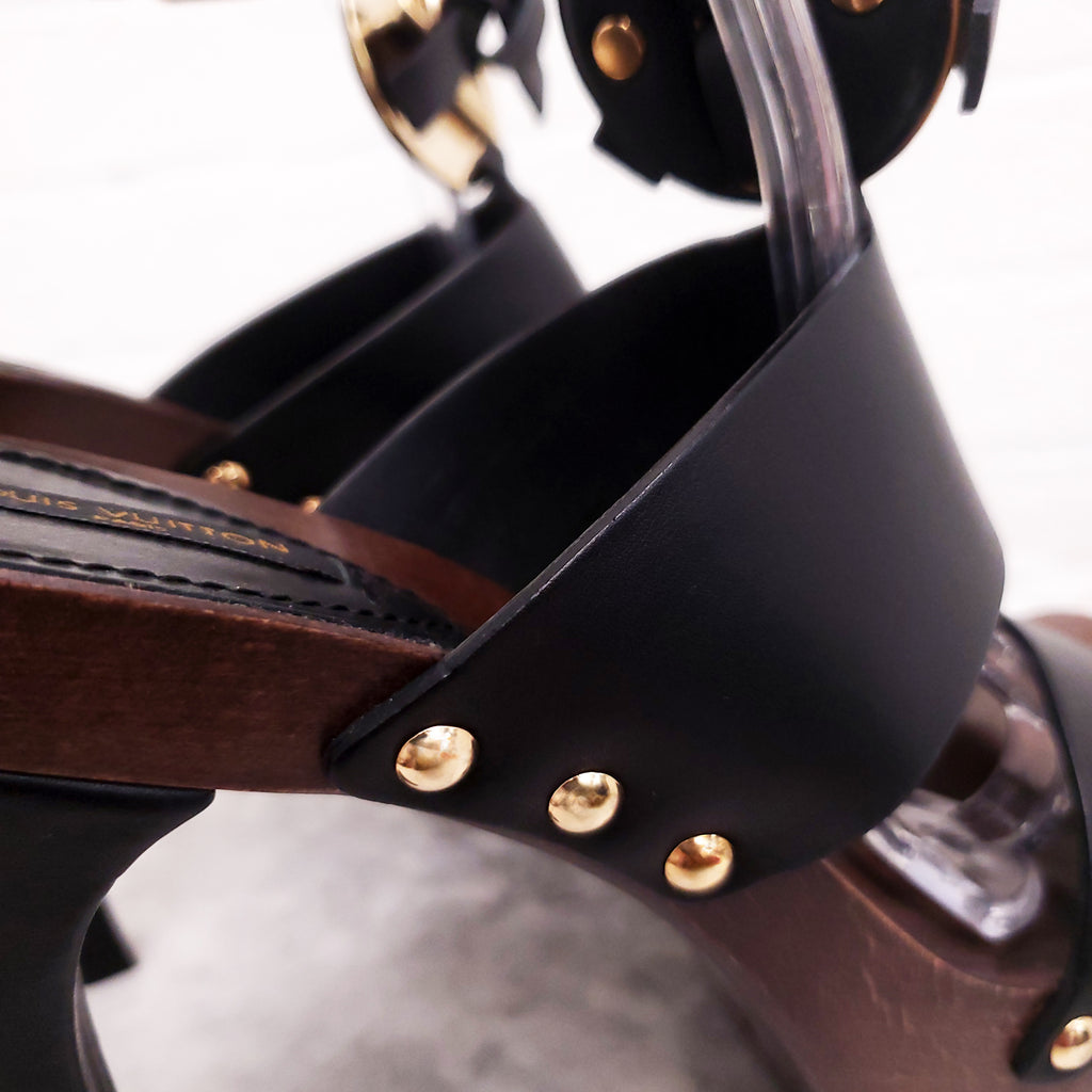 LOUIS VUITTON LEATHER WOODEN PLATFORM SANDALS - SIZE 37.5