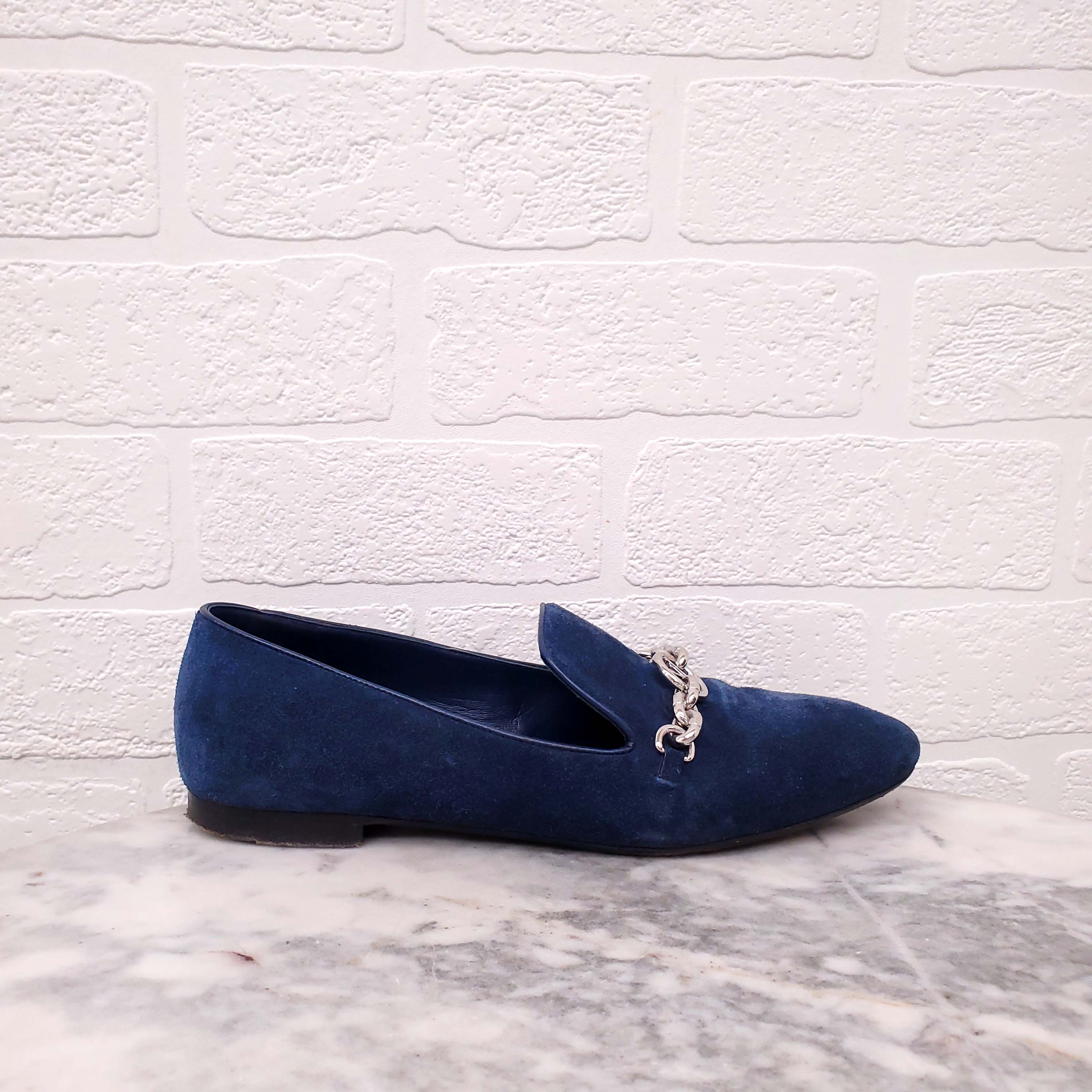 LOUIS VUITTON NAVY SUEDE LOAFERS WITH CHAIN LOGO - SIZE 36