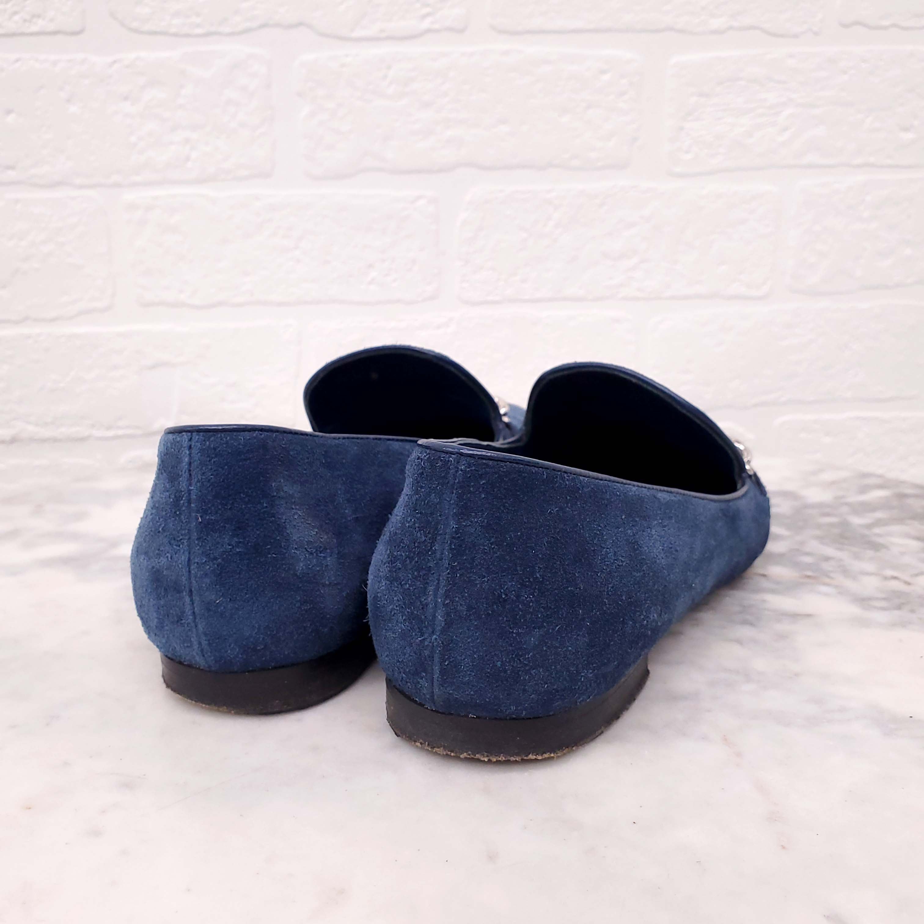 LOUIS VUITTON NAVY SUEDE LOAFERS WITH CHAIN LOGO - SIZE 36