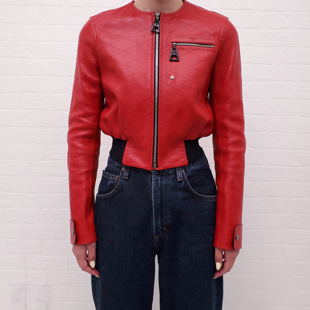 LOUIS VUITTON RED LEATHER MOTORCYCLE JACKET WITH LOGO - SIZE 36