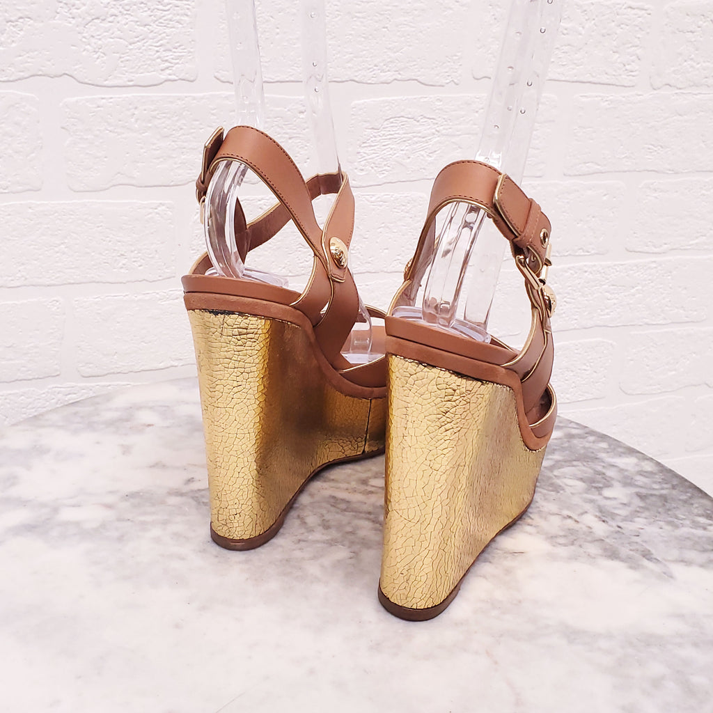 LOUIS VUITTON TAN AND GOLD WEDGES - SIZE 37.5