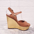 LOUIS VUITTON TAN AND GOLD WEDGES - SIZE 37.5