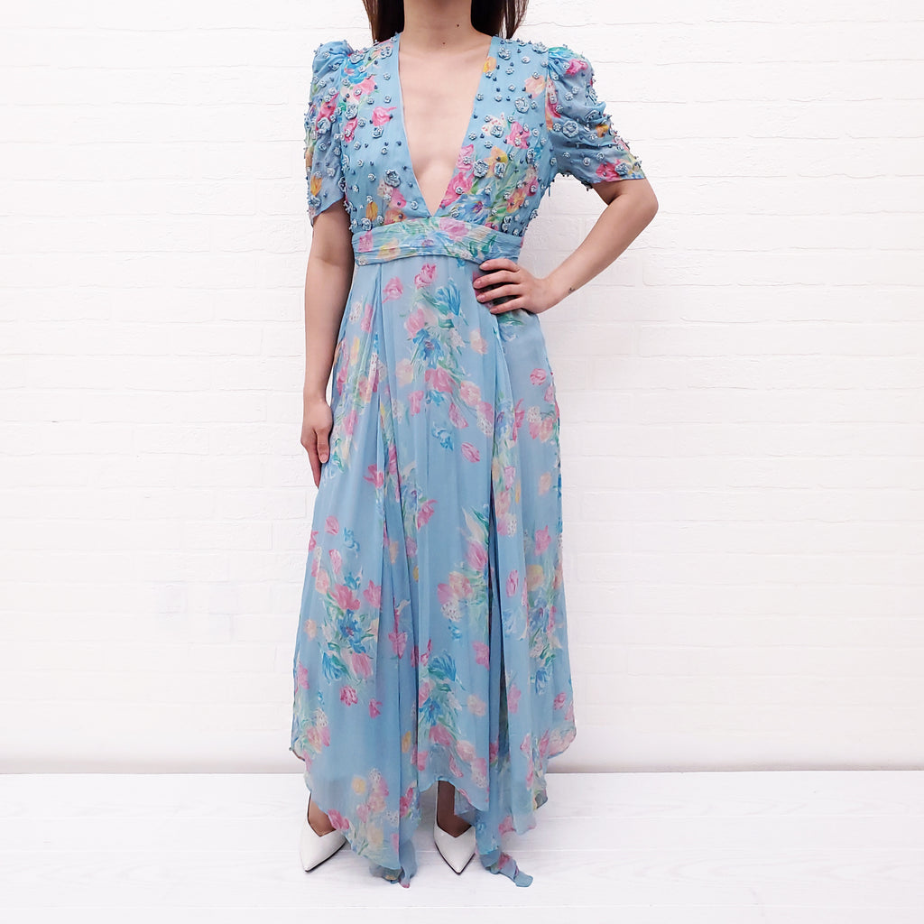 LOVESHACKFANCY AKIRA FLORAL BLUE GOWN - SIZE 4