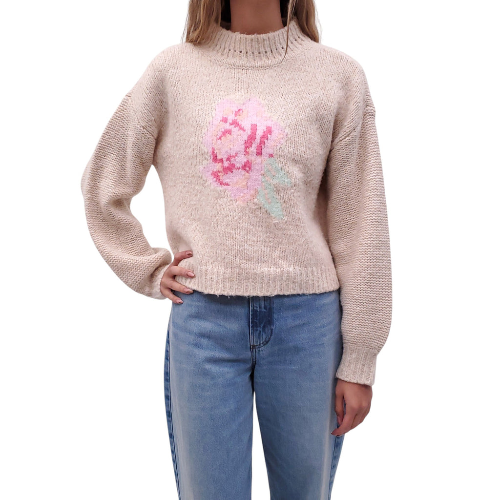 LOVESHACKFANCY BEIGE WOOL-BLEND FLORAL SWEATER - SIZE M