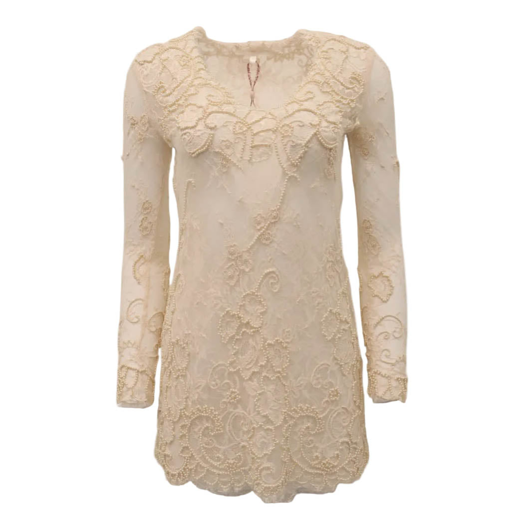LOVESHACKFANCY CREAM SHEER LACE DRESS WITH PEARL DETAILS - SIZE 8