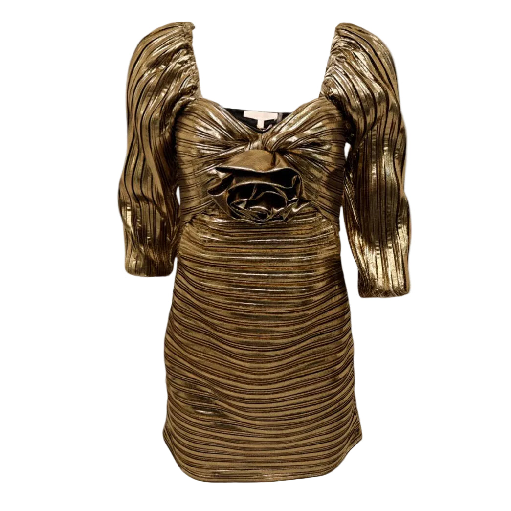 LOVESHACKFANCY GOLD METALLIC DRESS WITH FLOWER DETAIL - SIZE 8