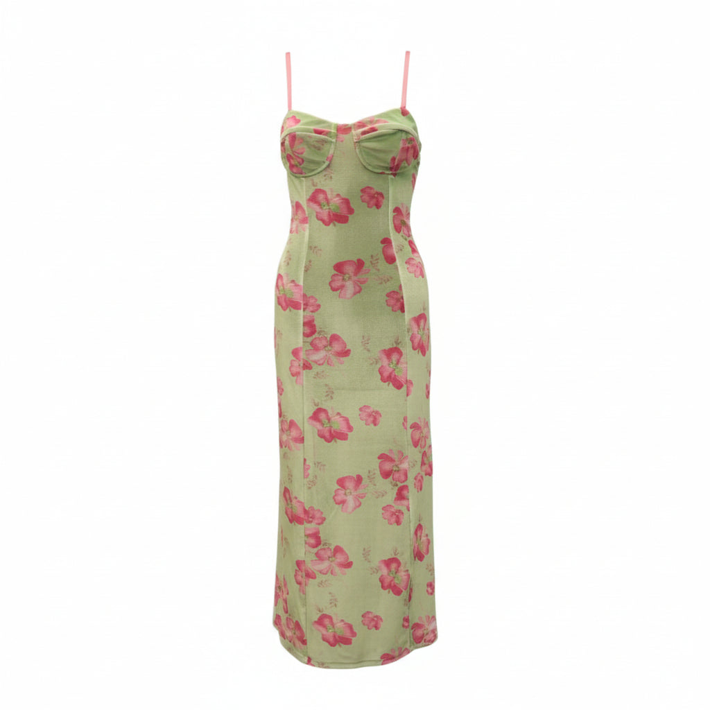 LOVESHACKFANCY GREEN AND PINK FLORAL VELVET DRESS - SIZE P (XS)