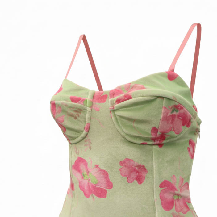 LOVESHACKFANCY GREEN AND PINK FLORAL VELVET DRESS - SIZE P (XS)