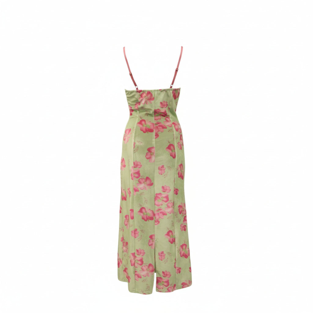 LOVESHACKFANCY GREEN AND PINK FLORAL VELVET DRESS - SIZE P (XS)